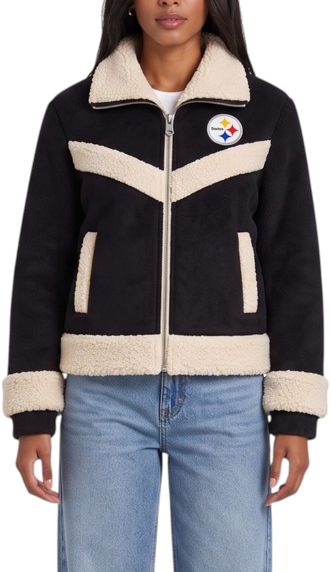 The Wild Collective Women's Pittsburgh Steelers Sherpa Full-Zip Bomber Jacket