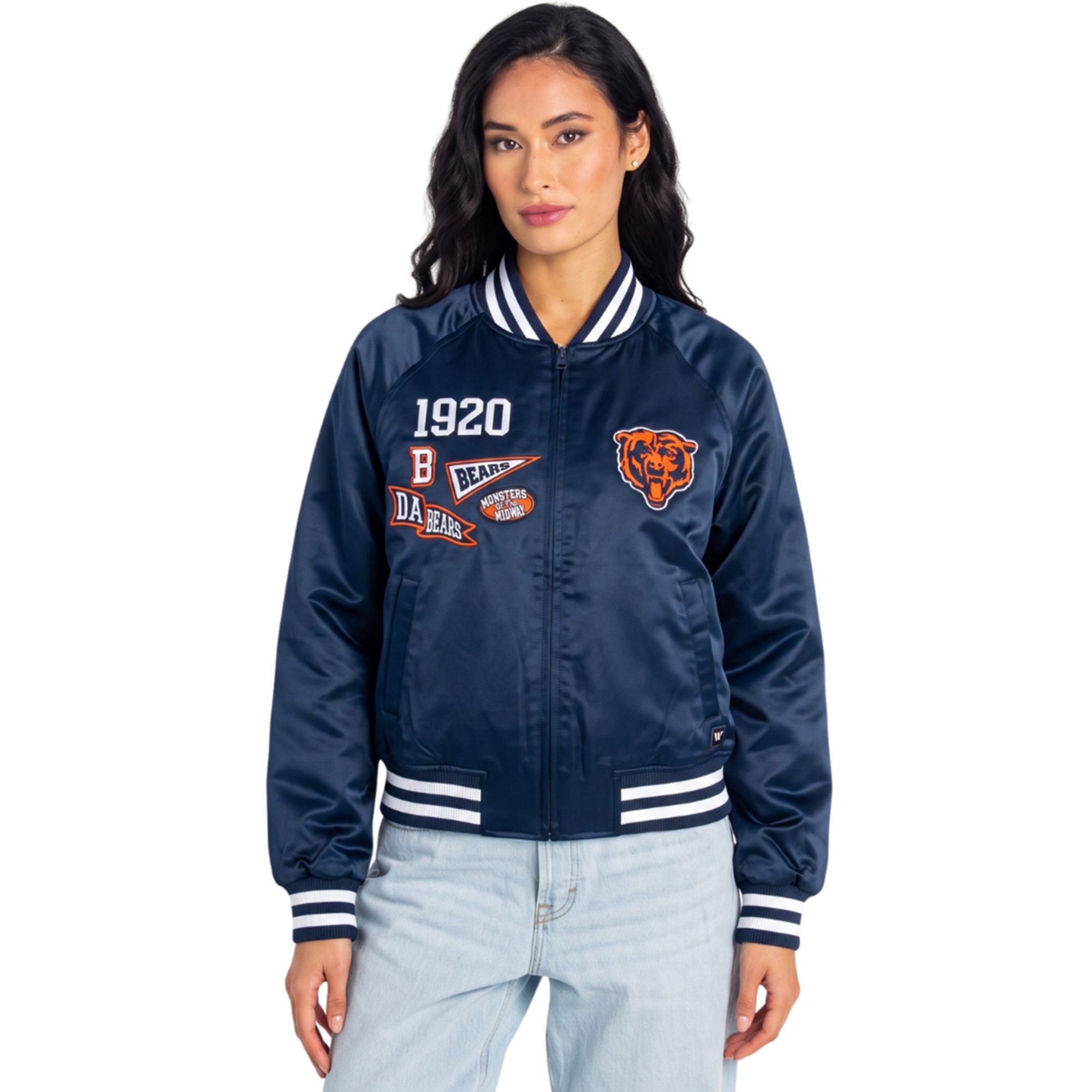 The Wild Collective Women's Chicago Bears Satin Raglan Bomber Jacket