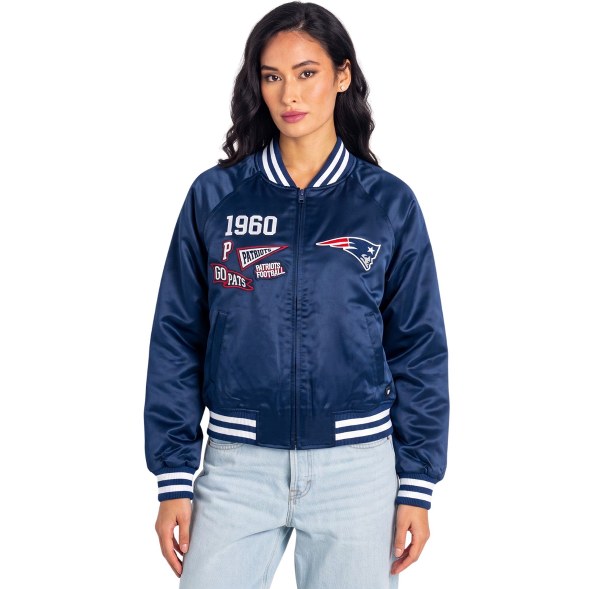 The Wild Collective Women's New England Patriots Satin Raglan Bomber Jacket