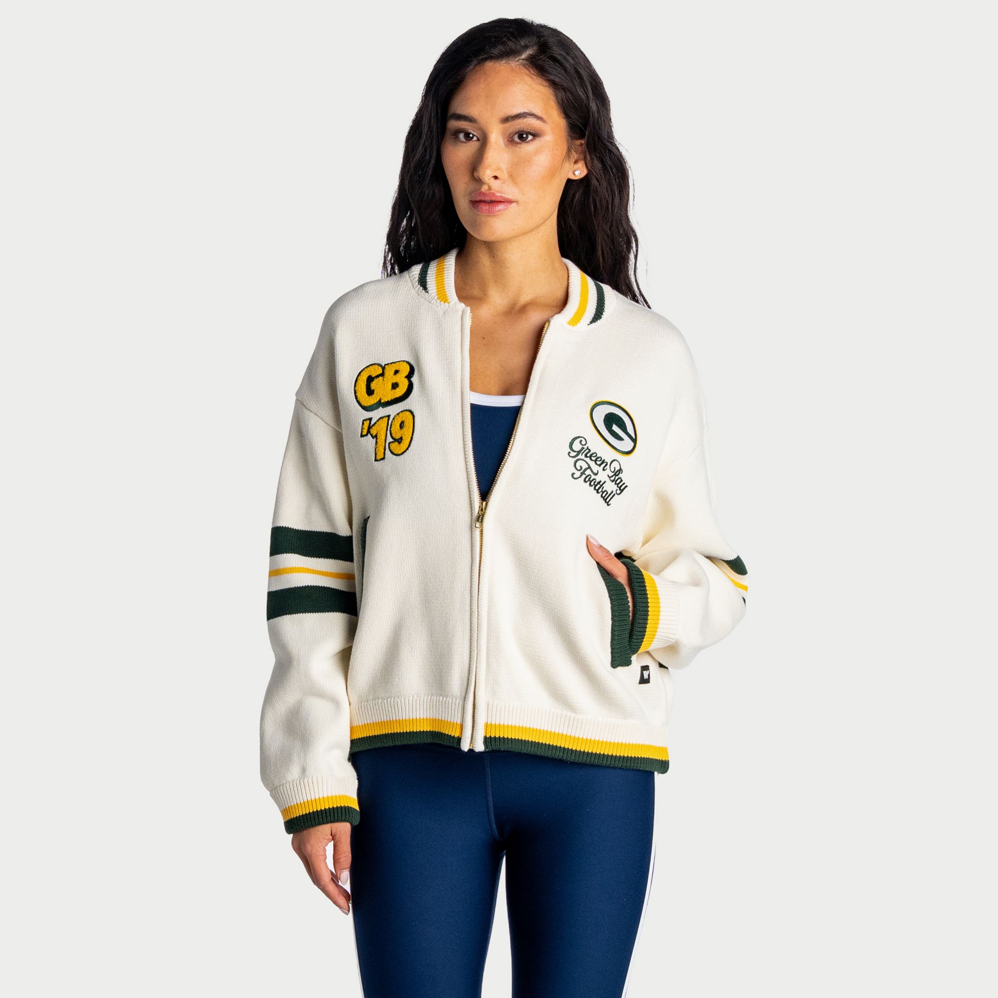 The Wild Collective Women's Green Bay Packers Boxy Full-Zip Sweater