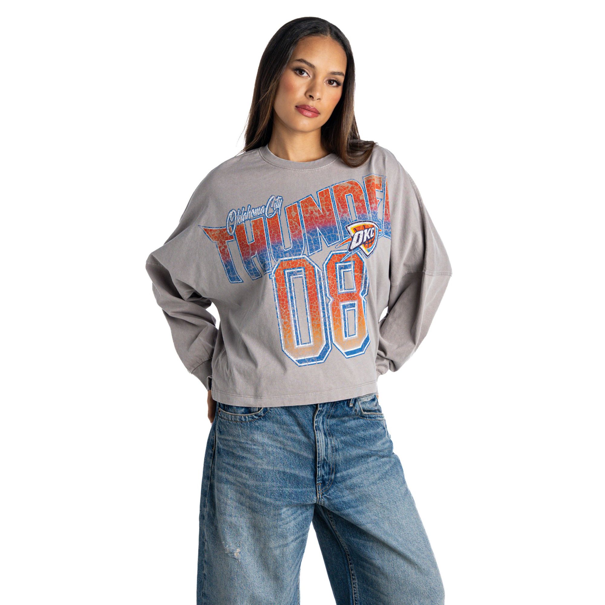 The Wild Collective Women's Oklahoma City Thunder Heavyweight Graphic Long Sleeve Shirt, Medium, Gray