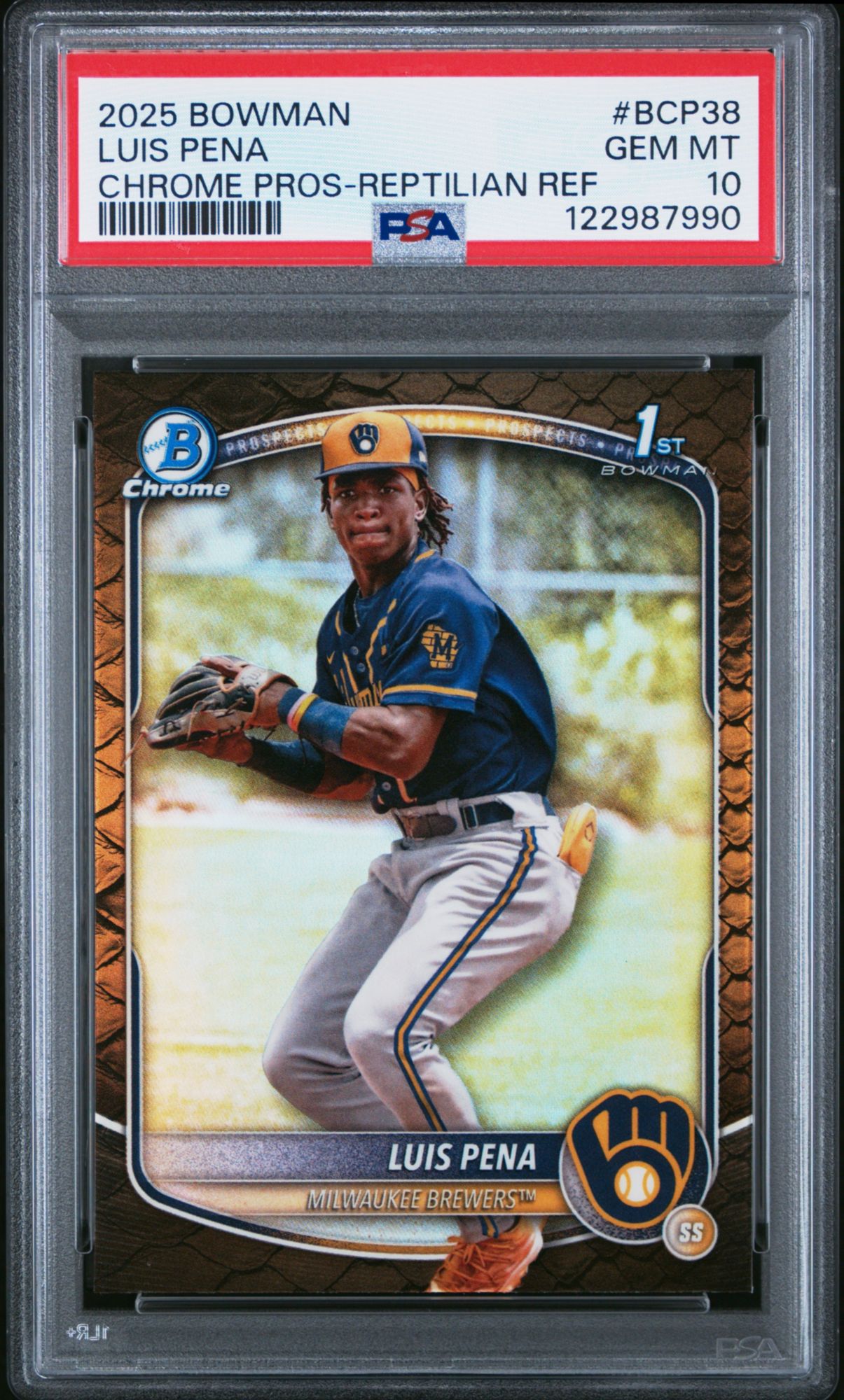 2025 Bowman Chrome Prospects BCP38 Luis Pena Reptilian Refractor PSA 10