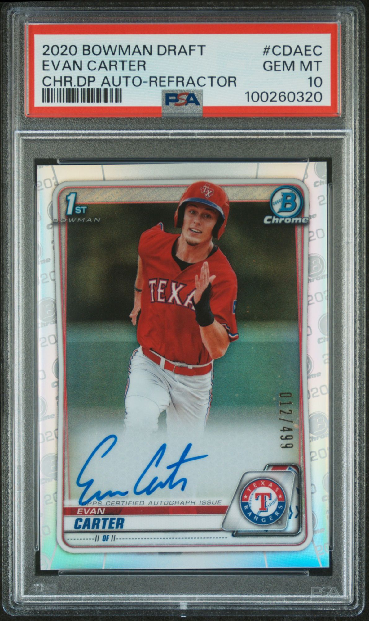 2020 Bowman Draft Chrome Draft Picks Autographs CDAEC Evan Carter Refractor PSA 10