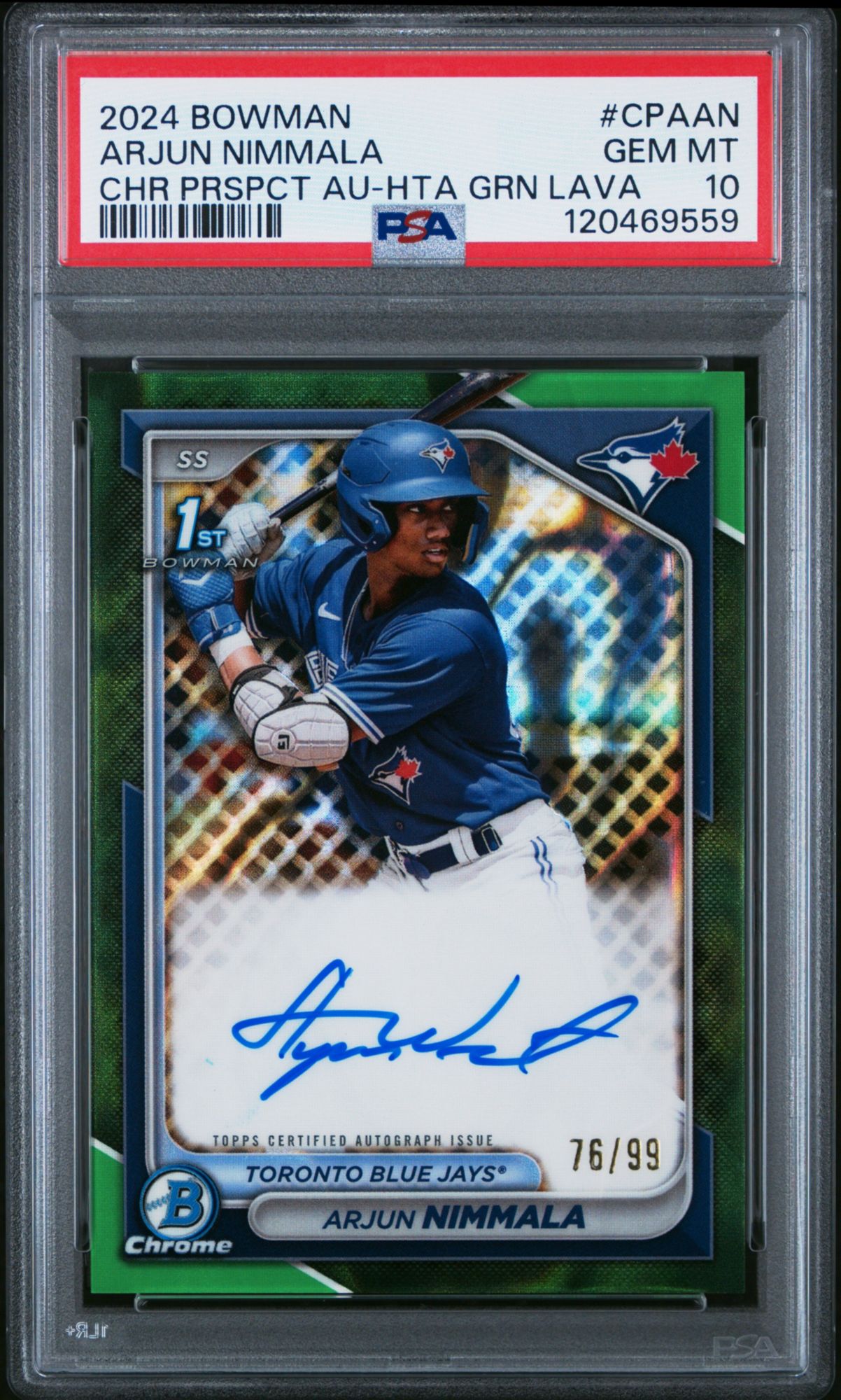 2024 Bowman Chrome Prospect Autographs CPAAN Arjun Nimmala HTA Green Lava PSA 10