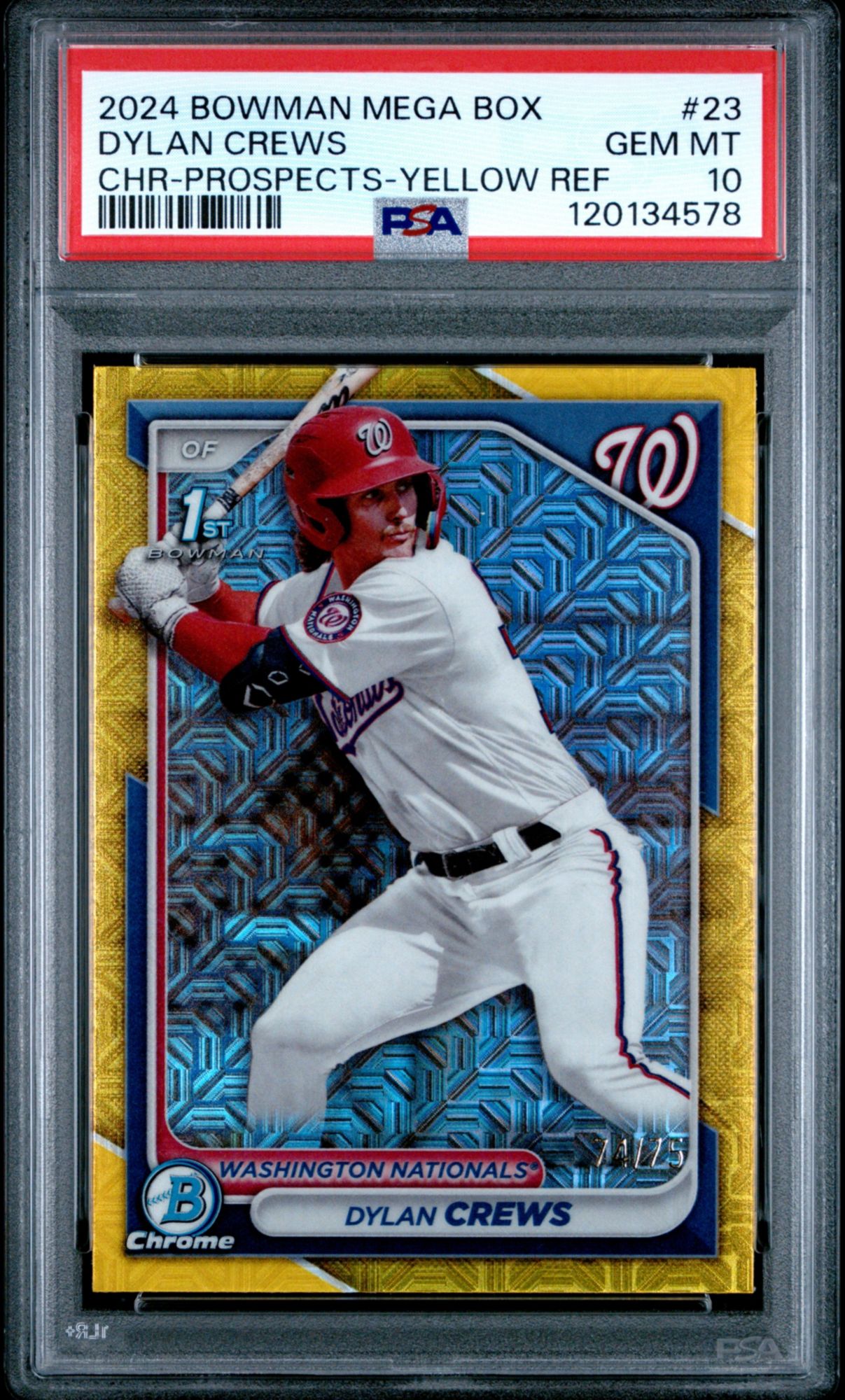 2024 Bowman Mega Box Chrome Prospects 23 Dylan Crews Yellow Refractor PSA 10