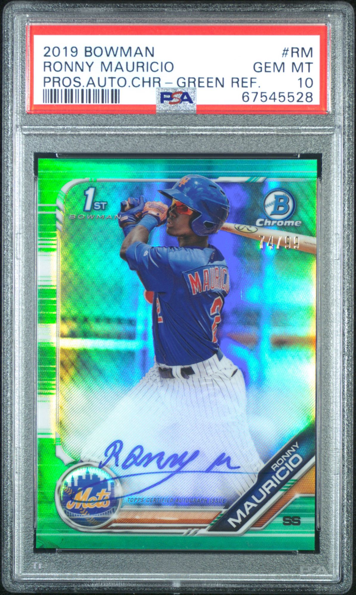 2019 Bowman Prospect Autographs Chrome RM Ronny Mauricio Green Refractor PSA 10