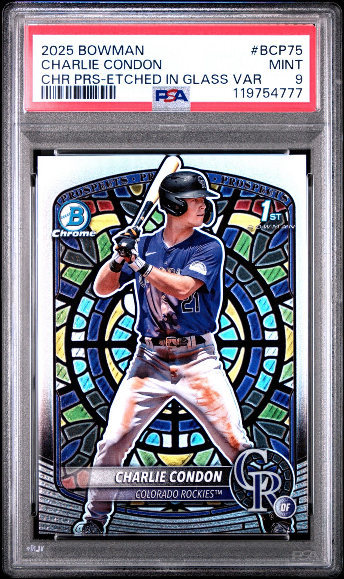 2025 Bowman Chrome Prospects BCP75 Charlie Condon Etched In Glass Variation PSA 9