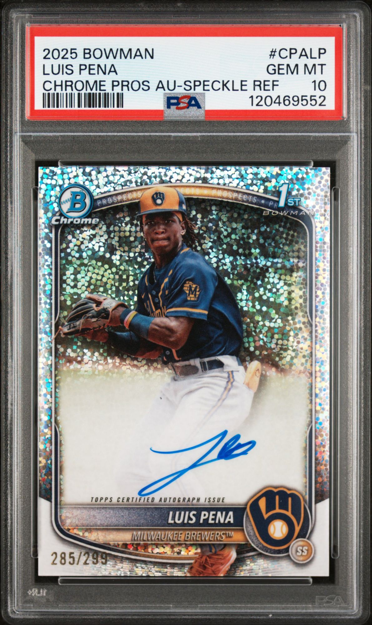 2025 Bowman Chrome Prospect Autographs CPALP Luis Pena Speckle Refractor PSA 10