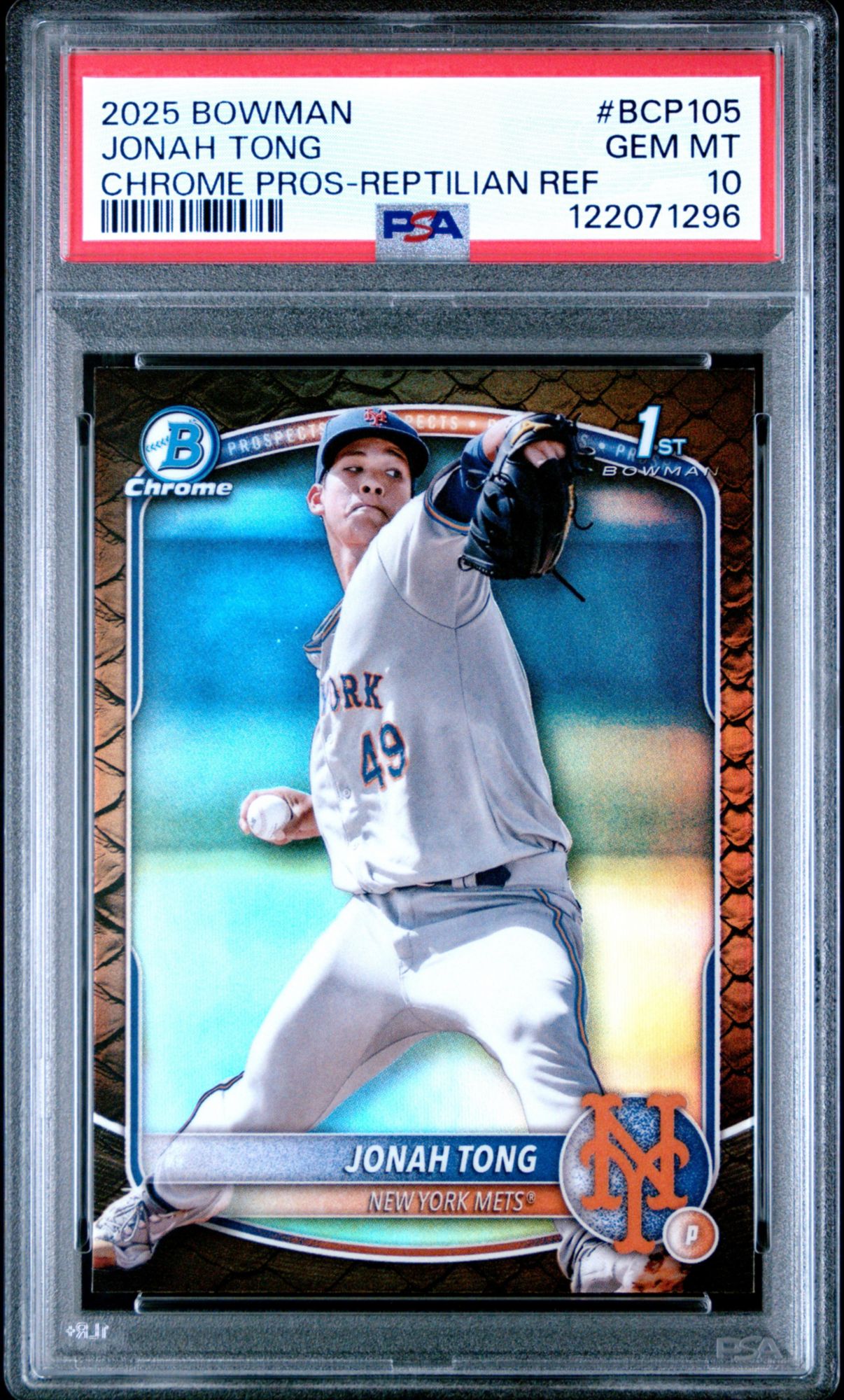 2025 Bowman Chrome Prospects BCP105 Jonah Tong Reptilian Refractor PSA 10