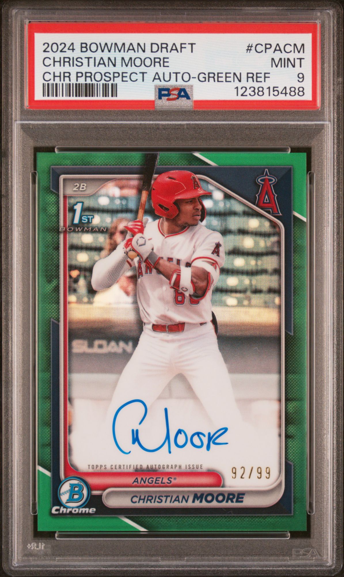 2024 Bowman Draft Chrome Prospect Autographs Cpacm Christian Moore Green Refractor PSA 9