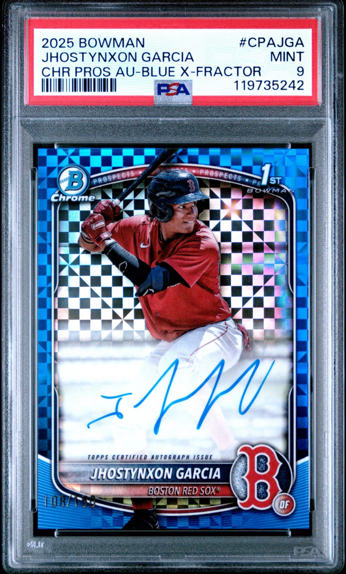2025 Bowman Chrome Prospect Autographs CPAJGA Jhostynxon Garcia Blue X-Fractor PSA 9