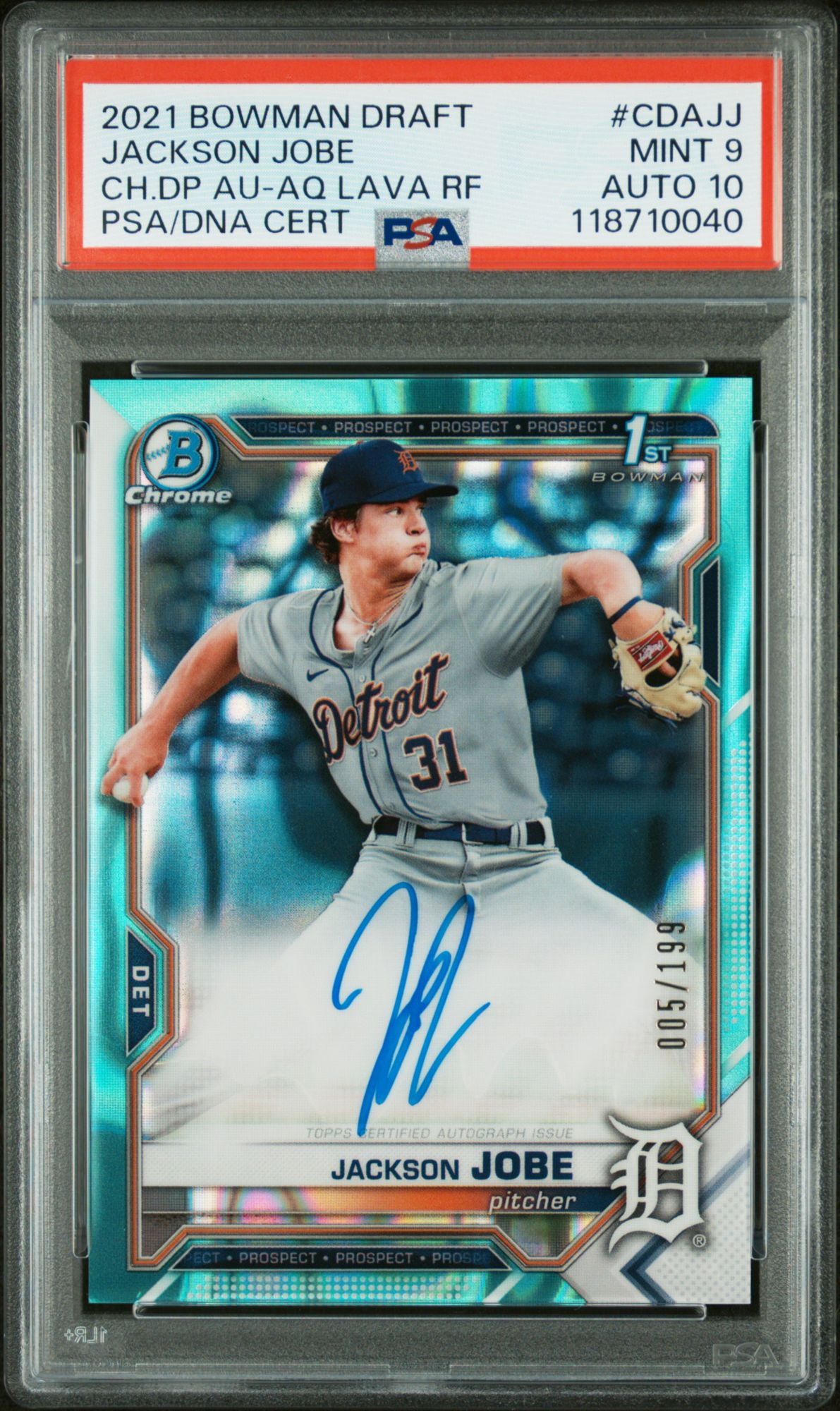 2021 Bowman Draft Chrome Draft Pick Autographs CDAJJ Jackson Jobe Aqua Lava Refractor PSA 9