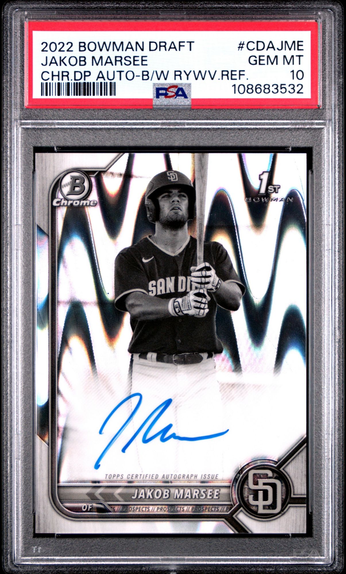 2022 Bowman Draft Chrome Draft Pick Autographs CDAJME Jakob Marsee Black & White Raywave Refractor PSA 10