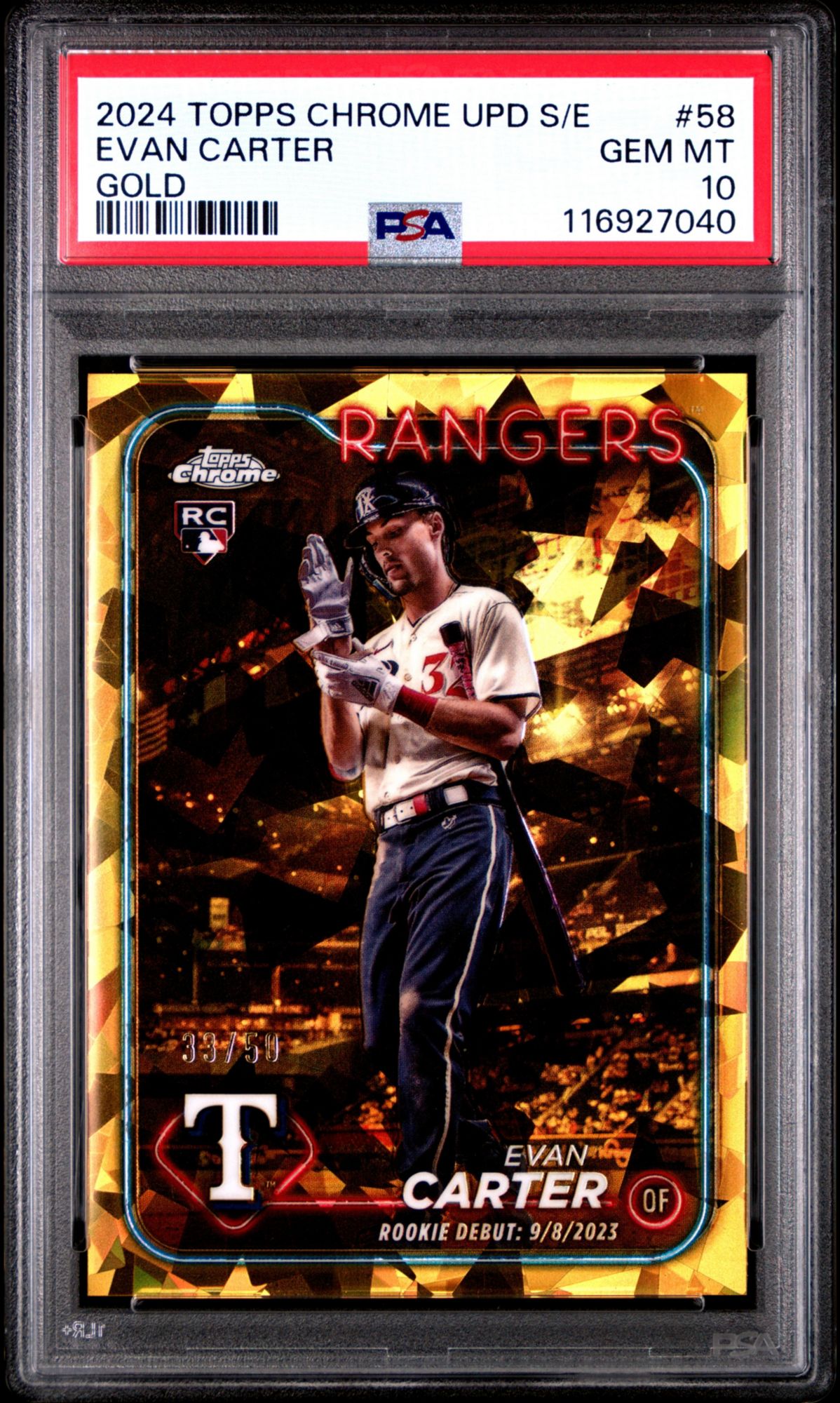 2024 Topps Chrome Sapphire Update Series 58 Evan Carter Gold PSA 10