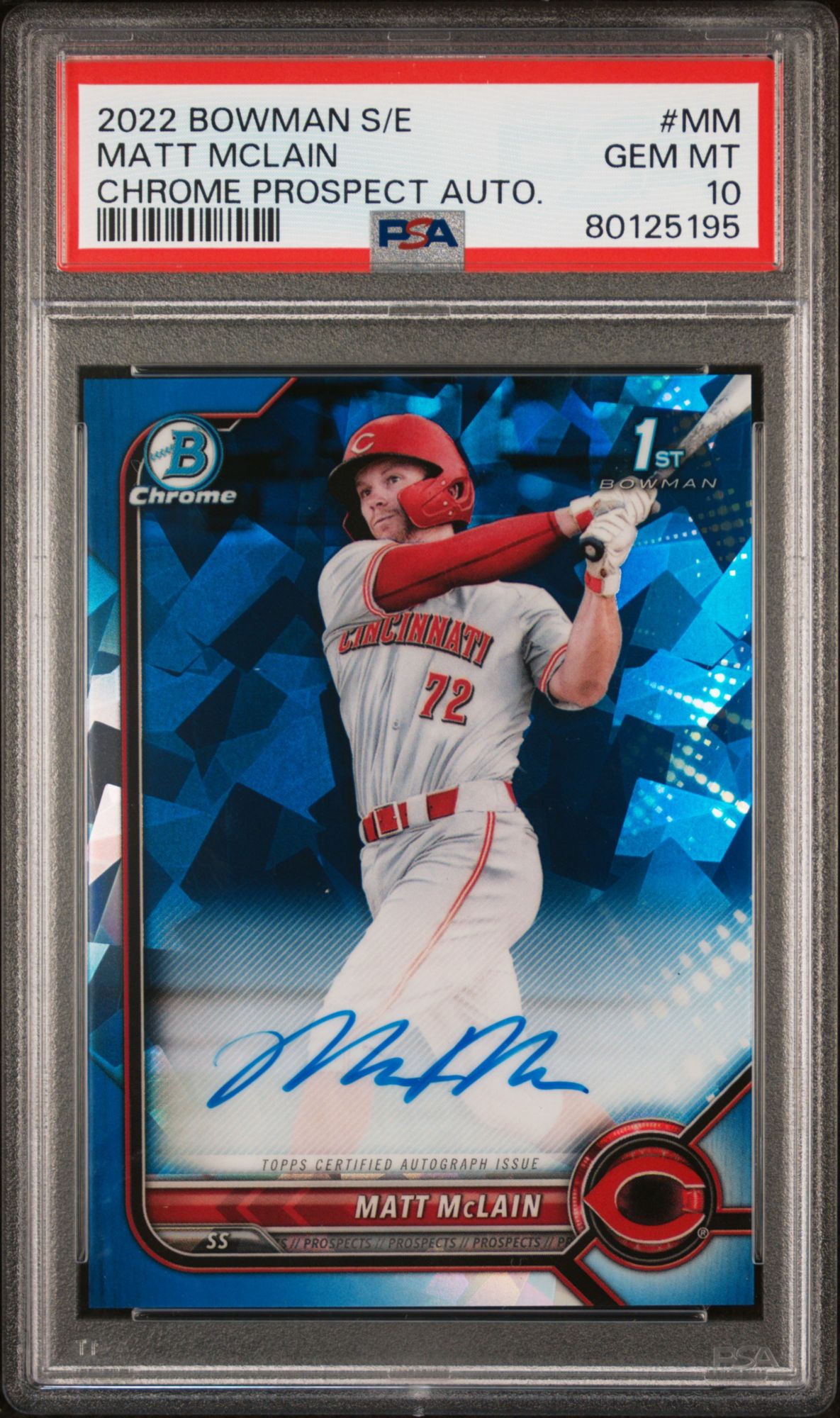 2022 Bowman Sapphire Edition Chrome Prospect Autographs MM Matt Mclain PSA 10