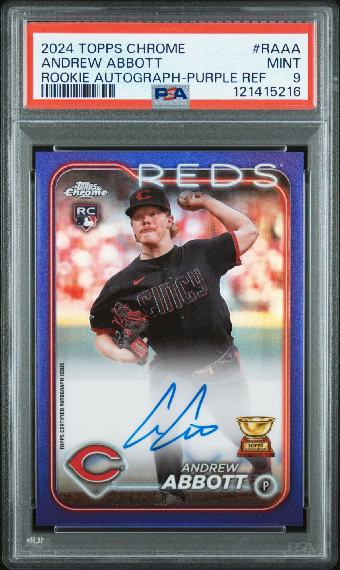 2024 Topps Chrome Rookie Autographs RAAA Andrew Abbott Purple Refractor PSA 9