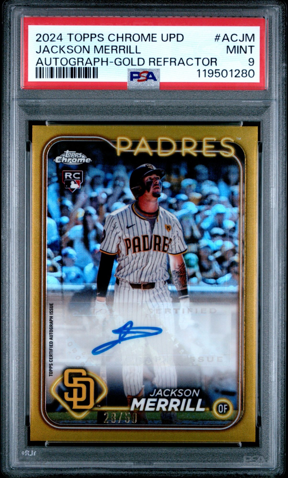 2024 Topps Chrome Update Chrome Baseball Update Series Autographs ACJM Jackson Merrill Gold Refractor PSA 9
