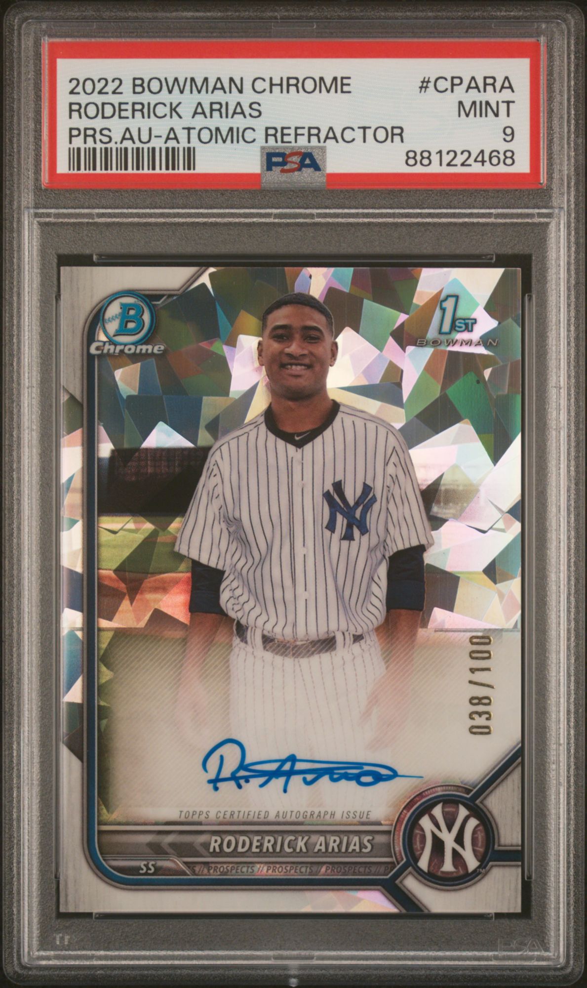 2022 Bowman Chrome Prospect Autographs CPARA Roderick Arias Atomic Refractor PSA 9