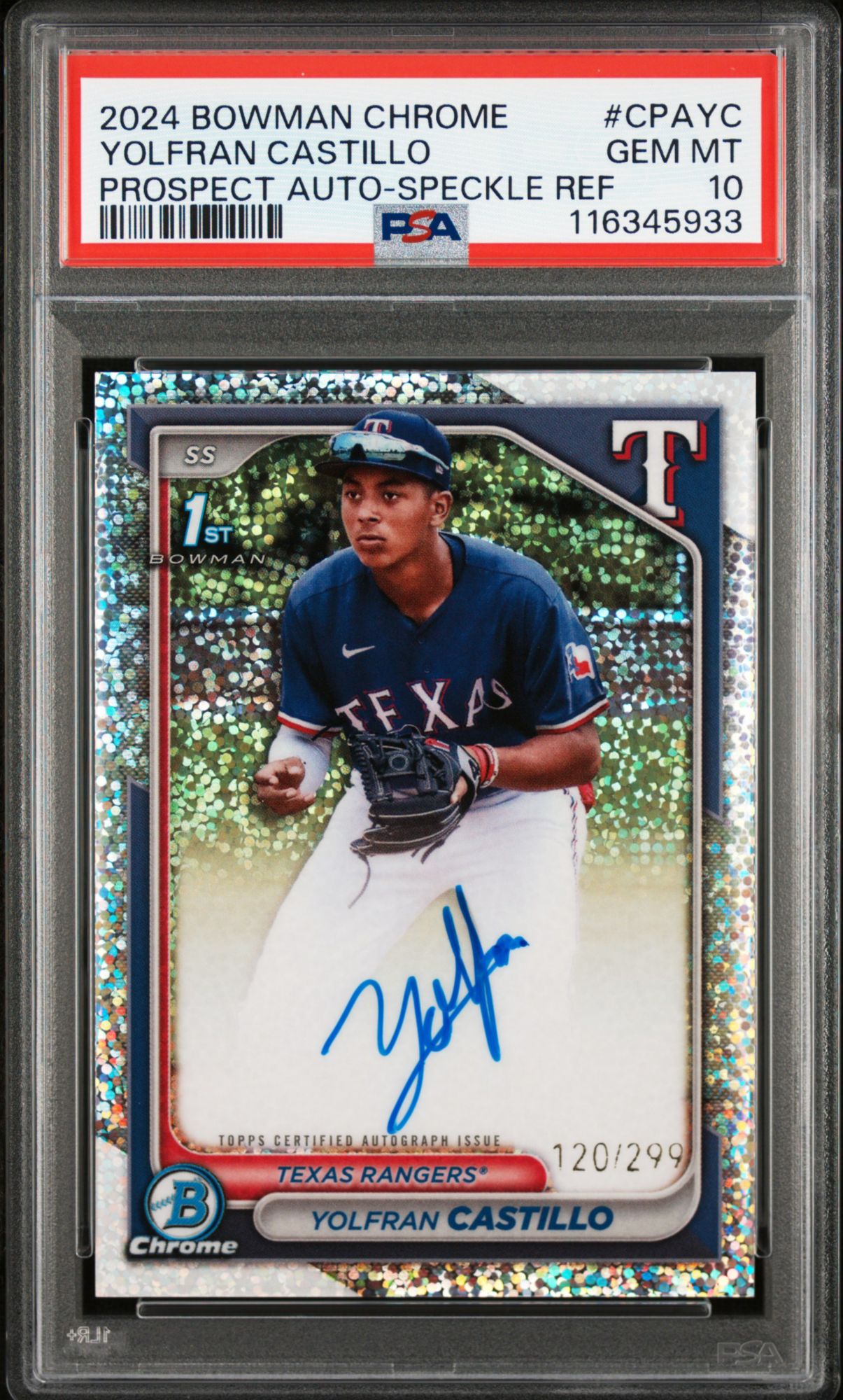2024 Bowman Chrome Prospect Autographs CPAYC Yolfran Castillo Speckle Refractor PSA 10