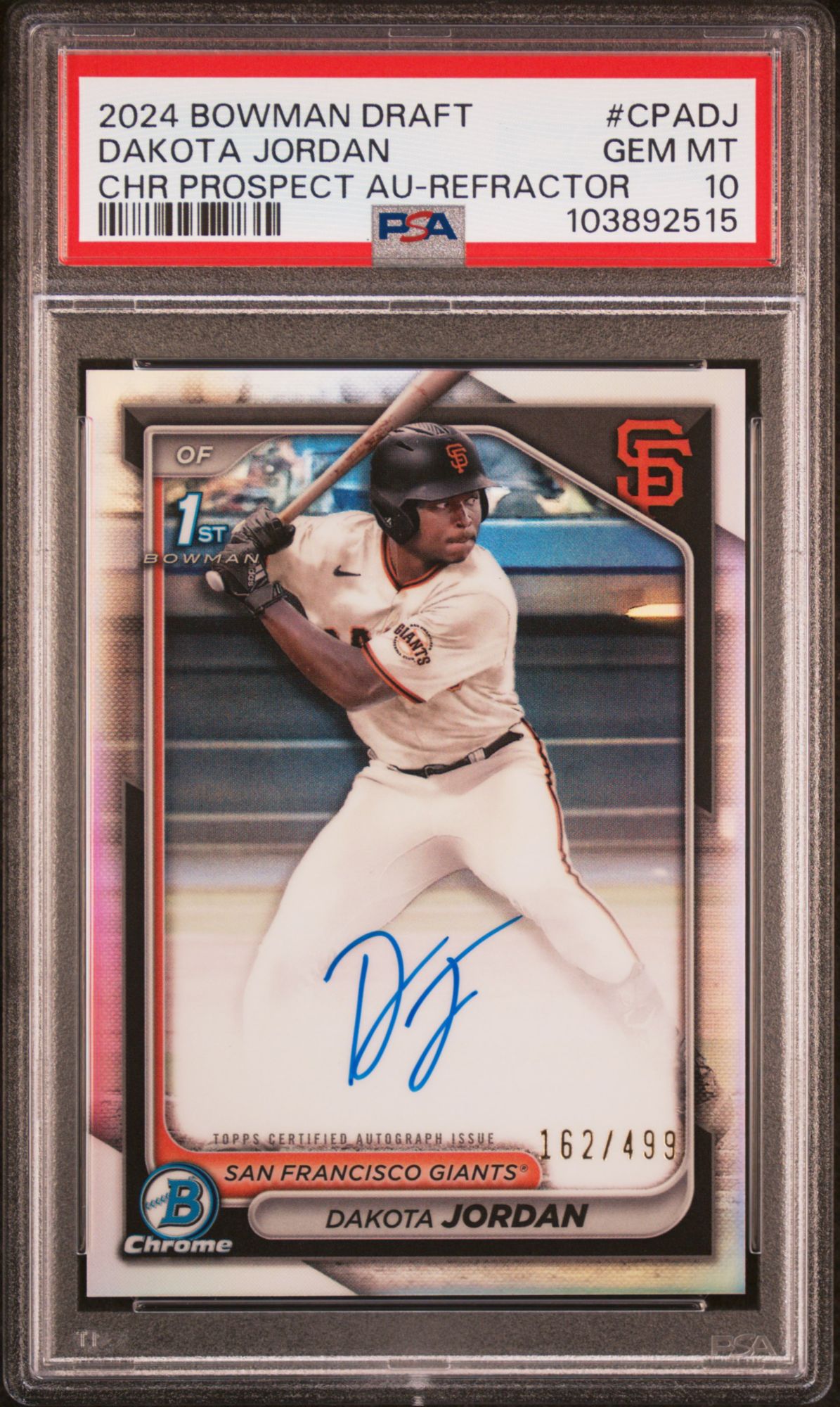 2024 Bowman Draft Chrome Prospect Autographs CPADJ Dakota Jordan Refractor PSA 10