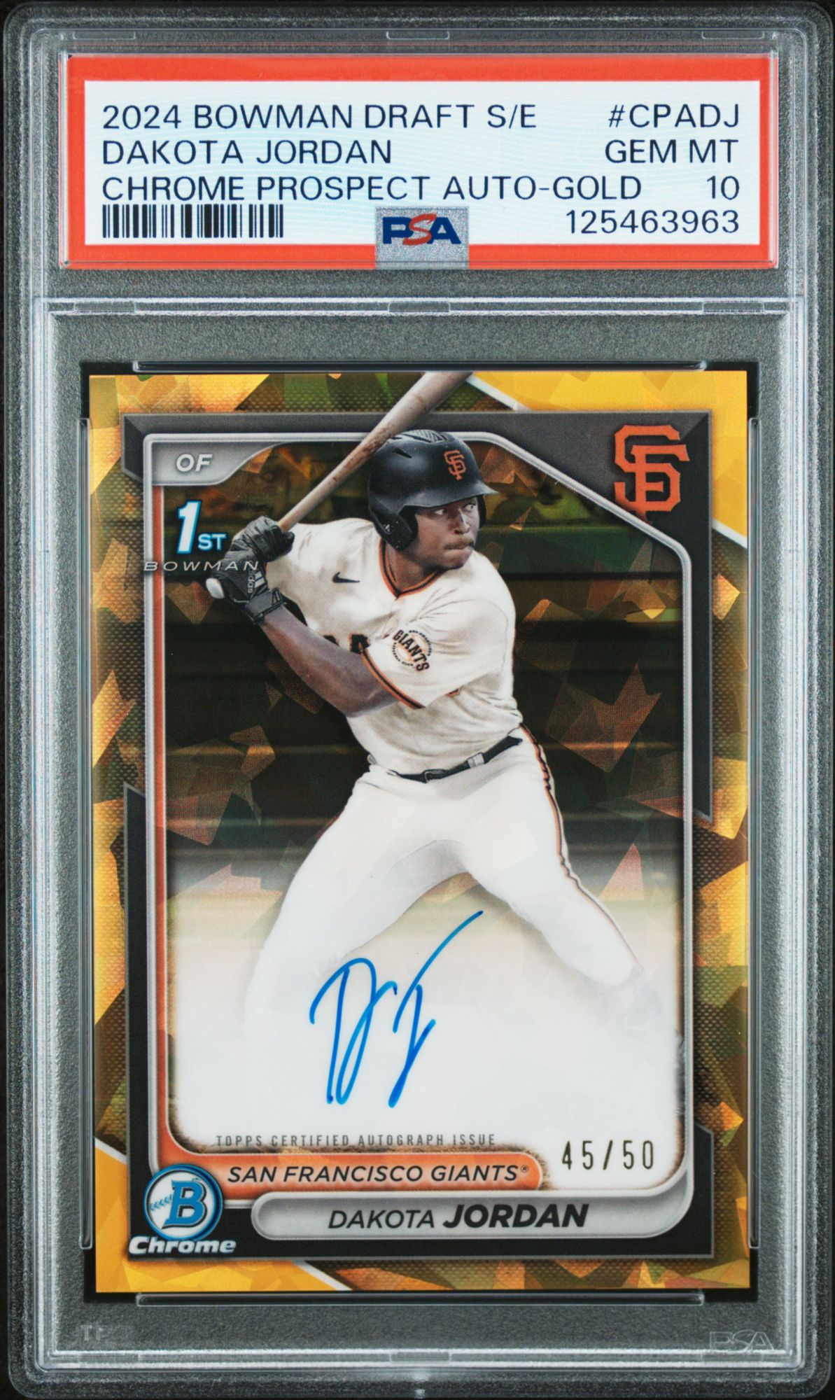 2024 Bowman Draft Sapphire Edition Chrome Sapphire Prospect Autographs CPADJ Dakota Jordan Gold PSA 10
