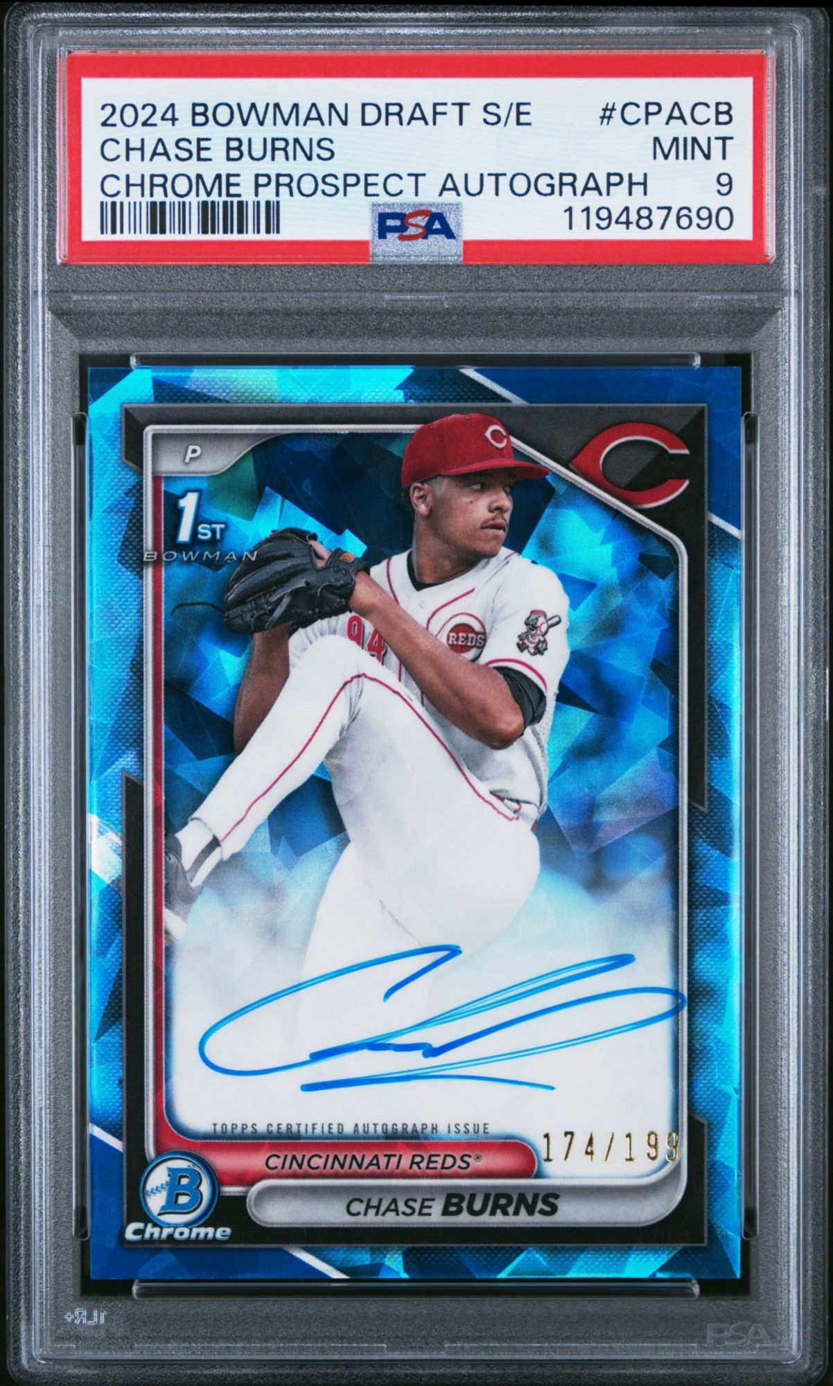 2024 Bowman Draft Sapphire Edition Chrome Sapphire Prospect Autographs CPACB Chase Burns PSA 9