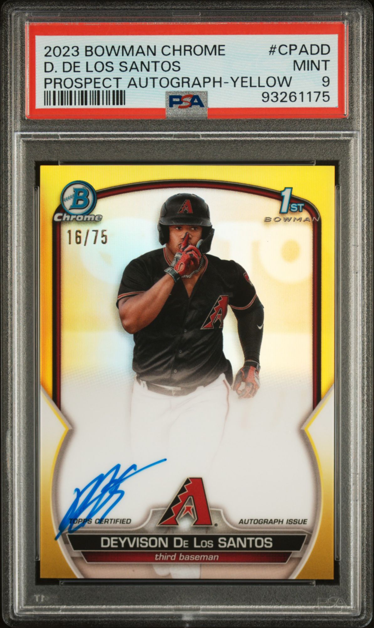 2023 Bowman Chrome Prospect Autographs CPADD Deyvison De Los Santos Yellow Refractor PSA 9