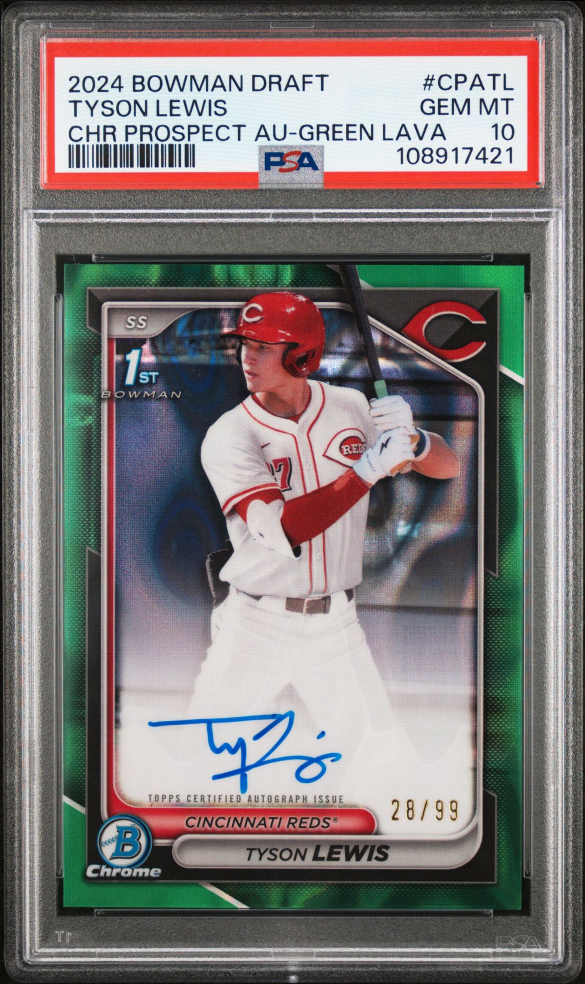 2024 Bowman Draft Chrome Prospect Autographs CPATL Tyson Lewis Green Lava PSA 10