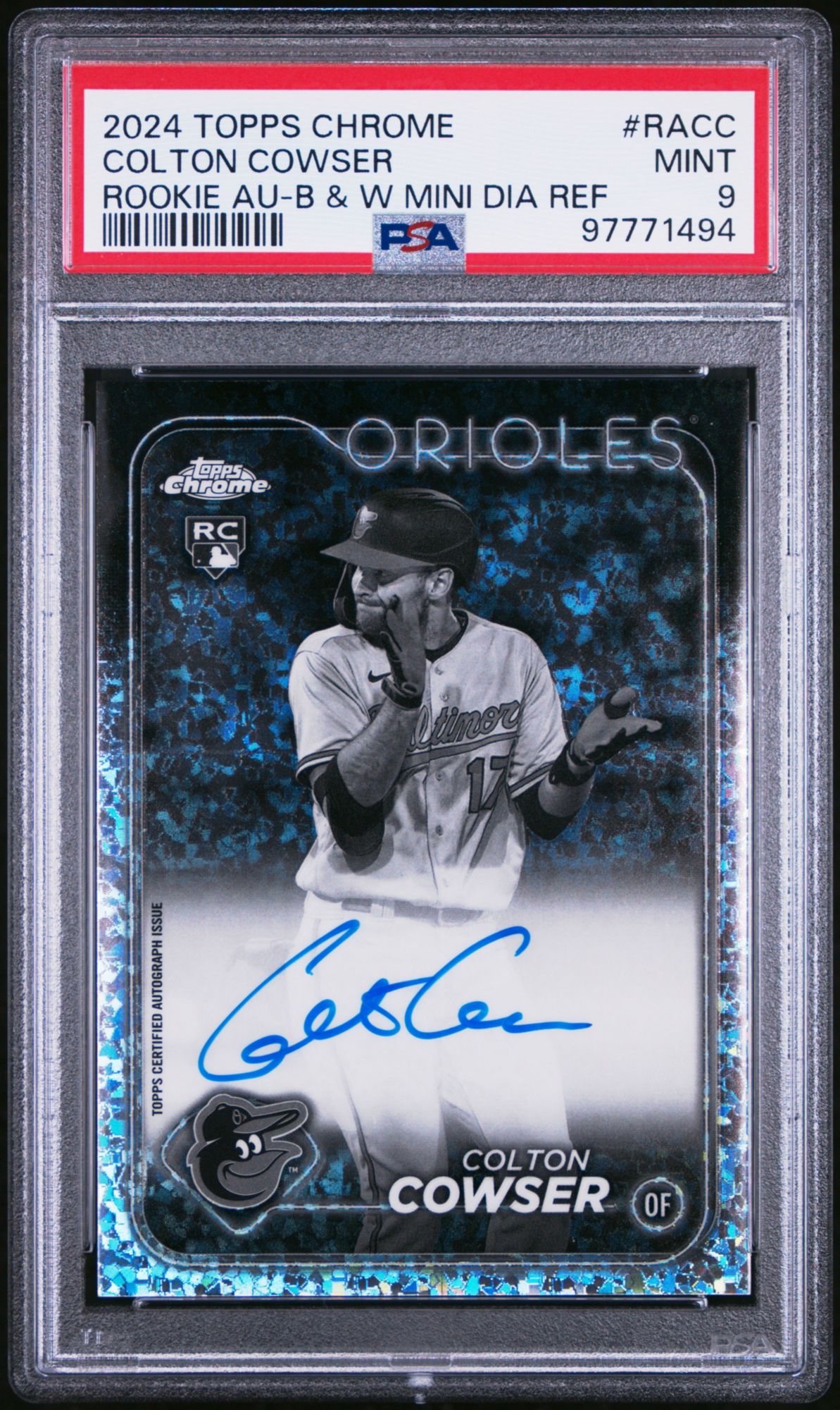 2024 Topps Chrome Rookie Autographs Racc Colton Cowser Black &amp; White Mini Diamond Refractor PSA 9