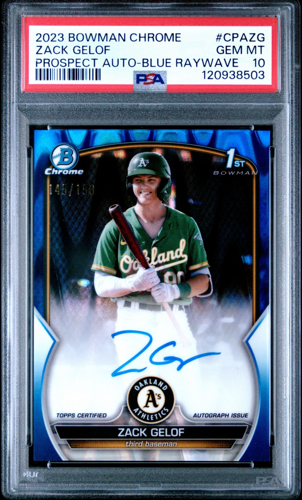 2023 Bowman Chrome Prospect Autographs CPAZG Zack Gelof Blue Raywave PSA 10