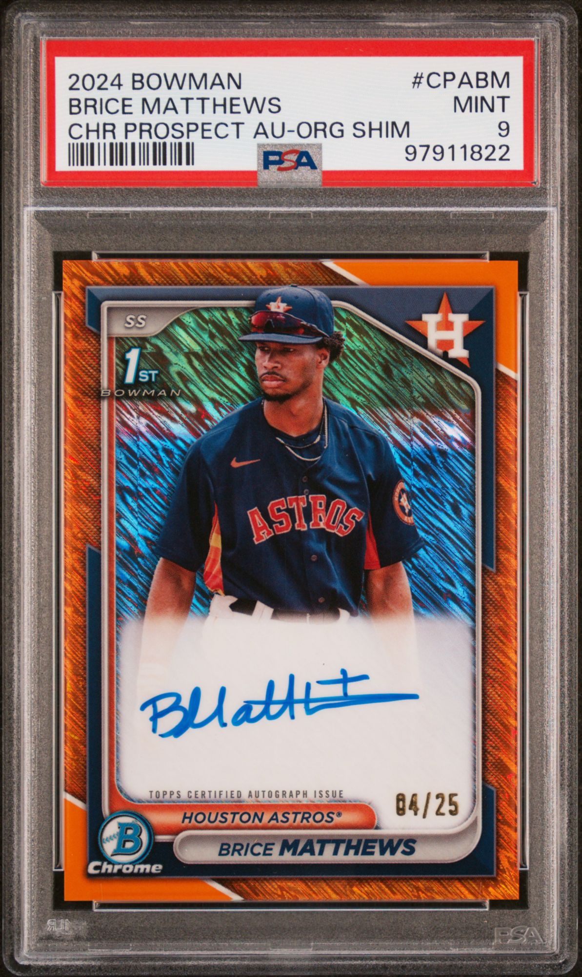 2024 Bowman Chrome Prospect Autographs CPABM Brice Matthews Orange Shimmer PSA 9