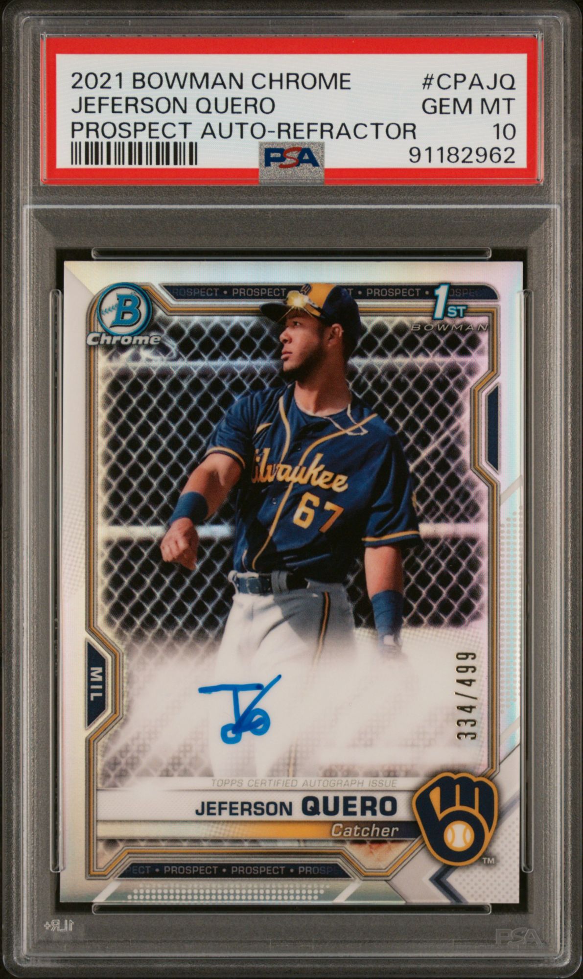 2021 Bowman Chrome Prospect Autographs CPAJQ Jeferson Quero Refractor PSA 10