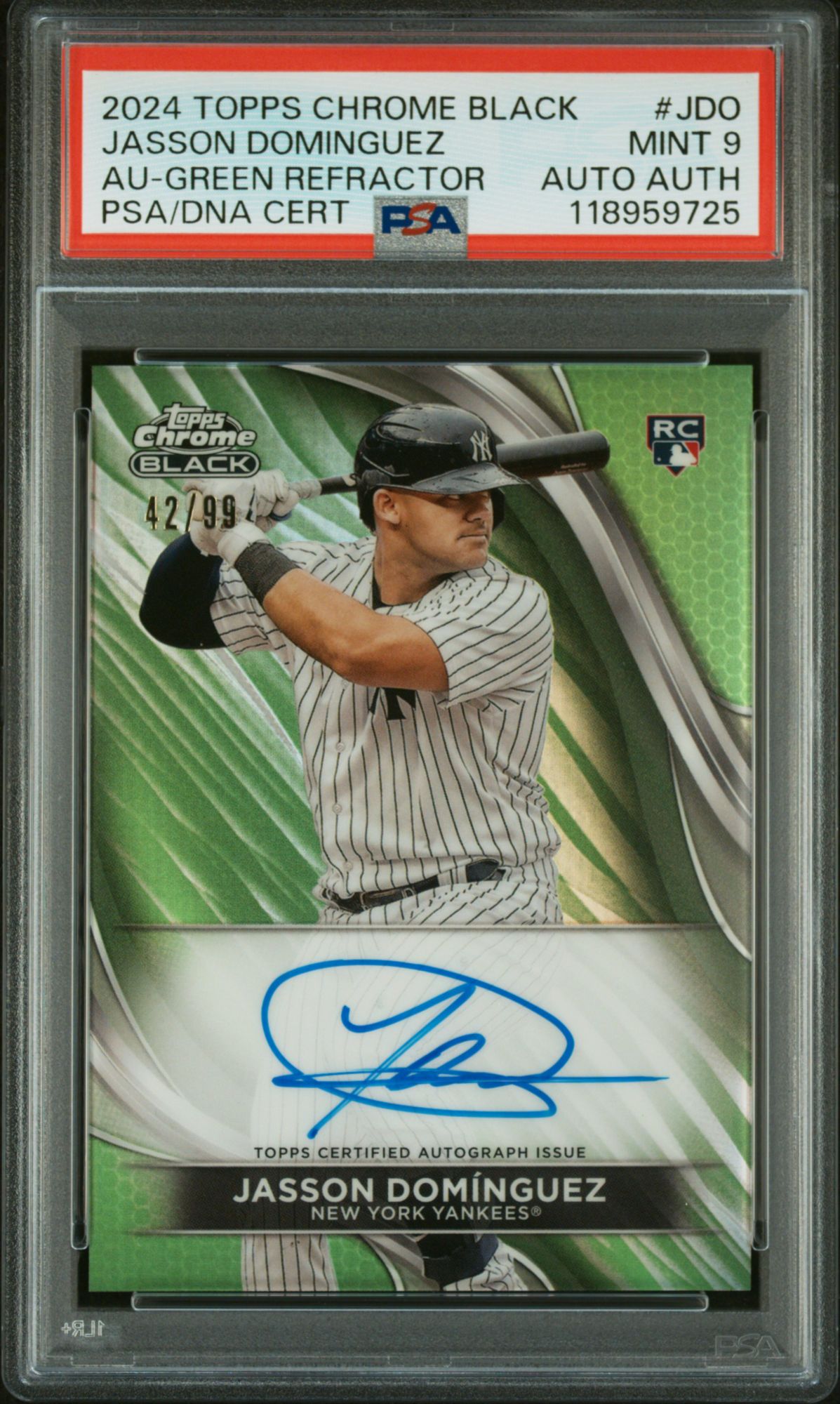 2024 Topps Chrome Black Autographs Jasson Dominguez Green Refractor PSA 9