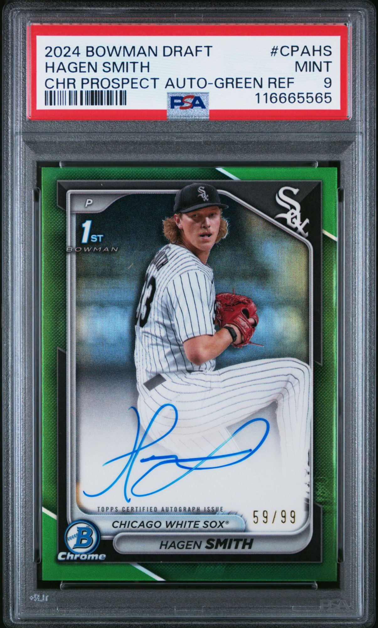 2024 Bowman Draft Chrome Prospect Autographs CPAHS Hagen Smith Green Refractor PSA 9