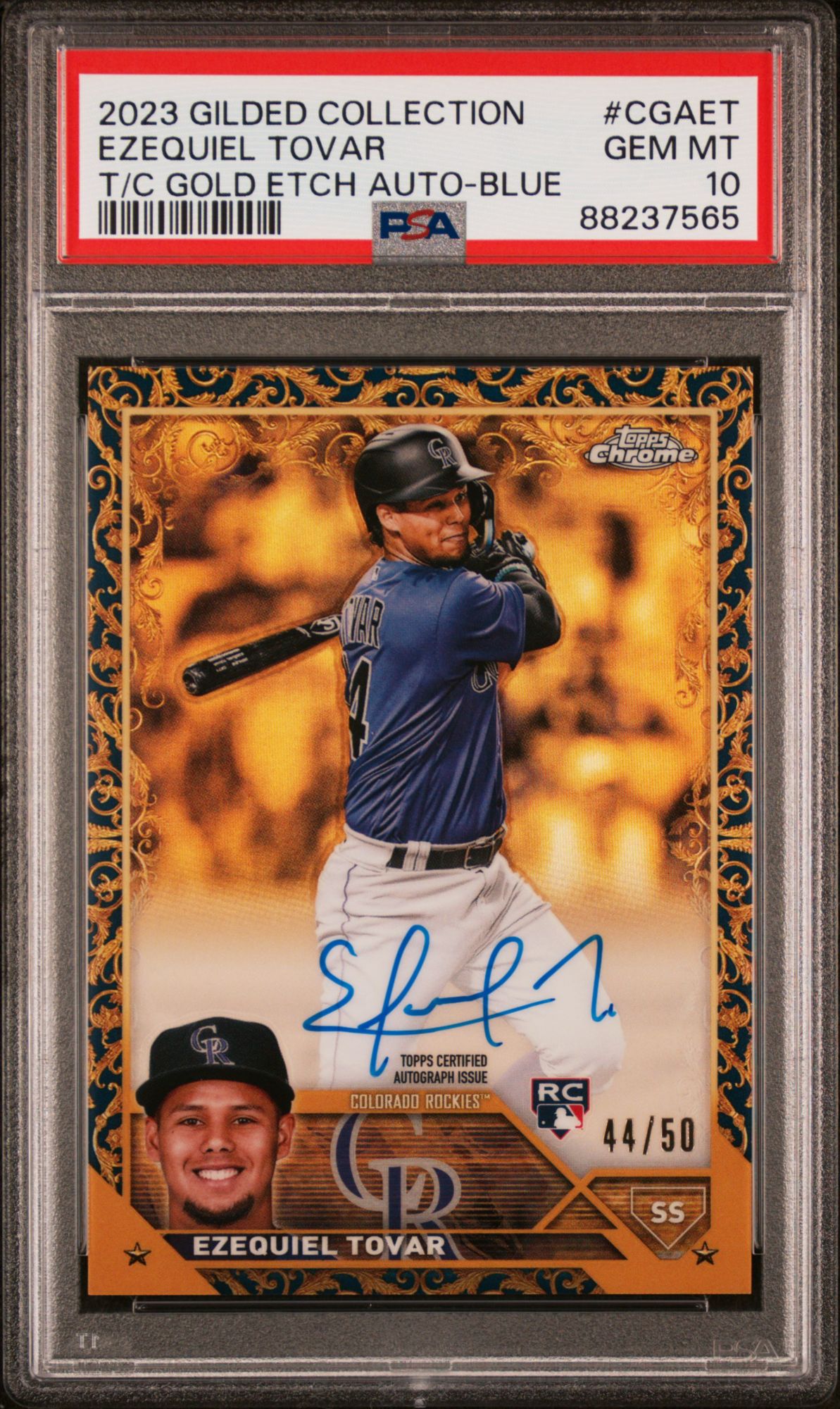 2023 Topps Gilded Collection Topps Chrome Gold Etch Autographs CGAET Ezequiel Tovar Blue PSA 10