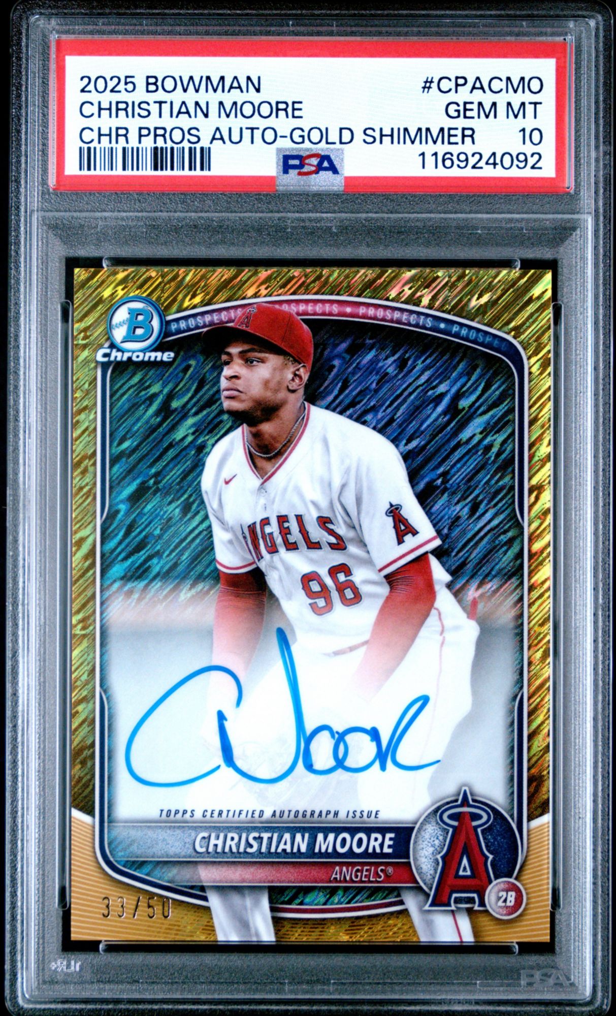 2025 Bowman Chrome Prospect Autographs CPACMO Christian Moore Gold Shimmer PSA 10