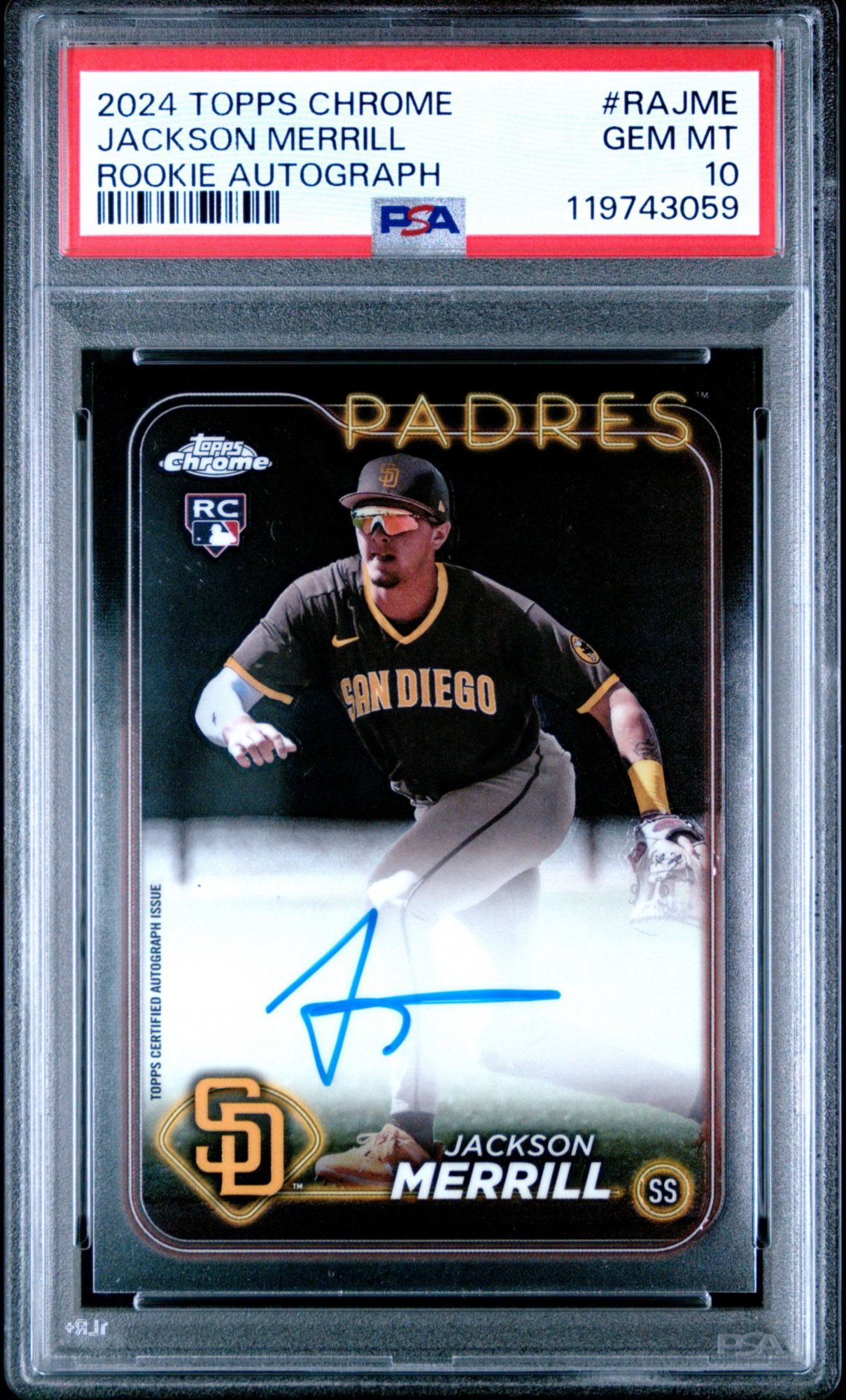 2024 Topps Chrome Rookie Autographs Rajme Jackson Merrill PSA 10