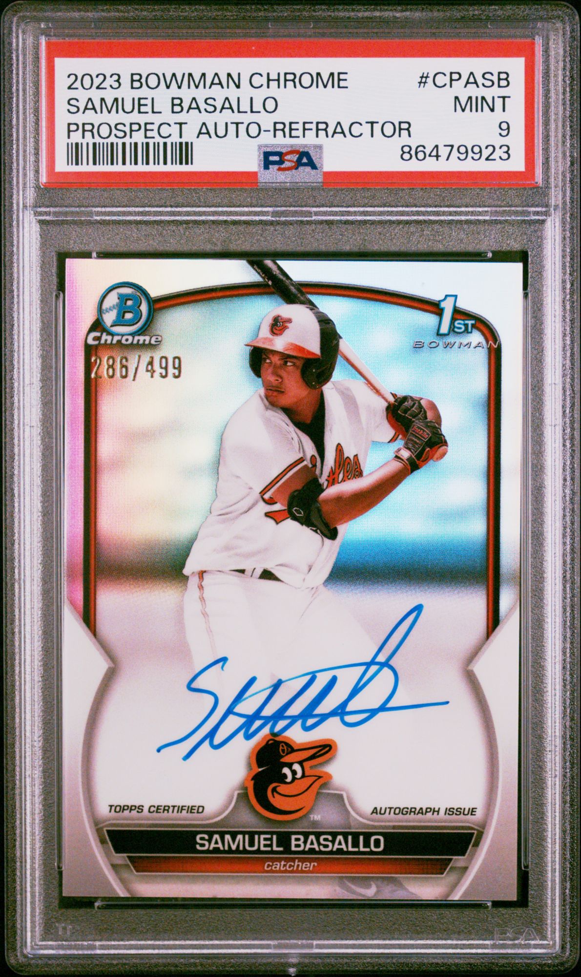 2023 Bowman Chrome Prospect Autographs CPASB Samuel Basallo Refractor PSA 9