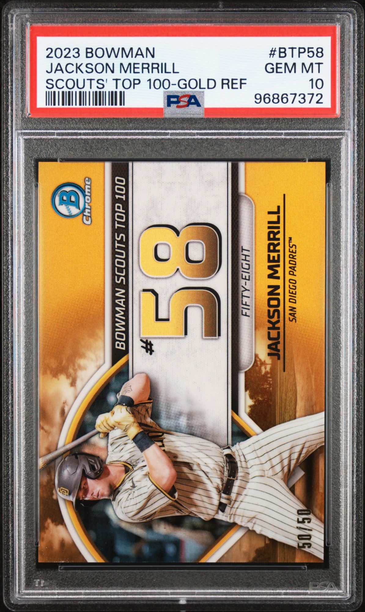2023 Bowman Scouts' Top 100 BTP58 Jackson Merrill Gold Refractor PSA 10