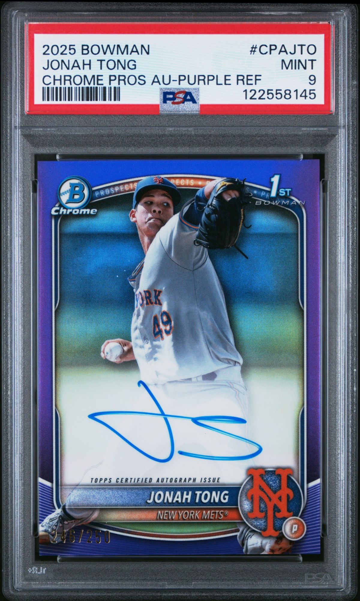2025 Bowman Chrome Prospect Autographs CPAJTO Jonah Tong Purple Refractor PSA 9