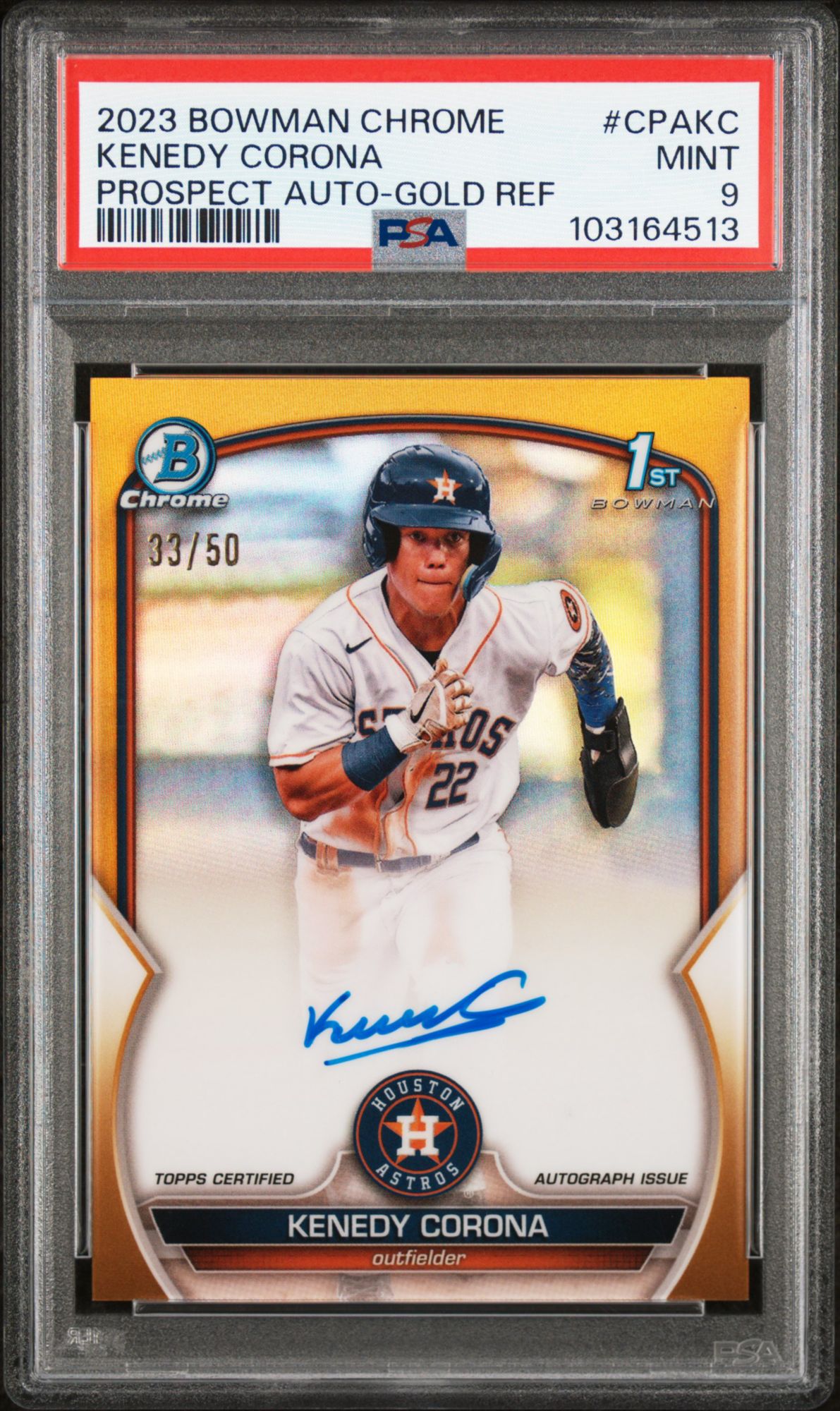 2023 Bowman Chrome Prospect Autographs CPAKC Kenedy Corona Gold Refractor PSA 9