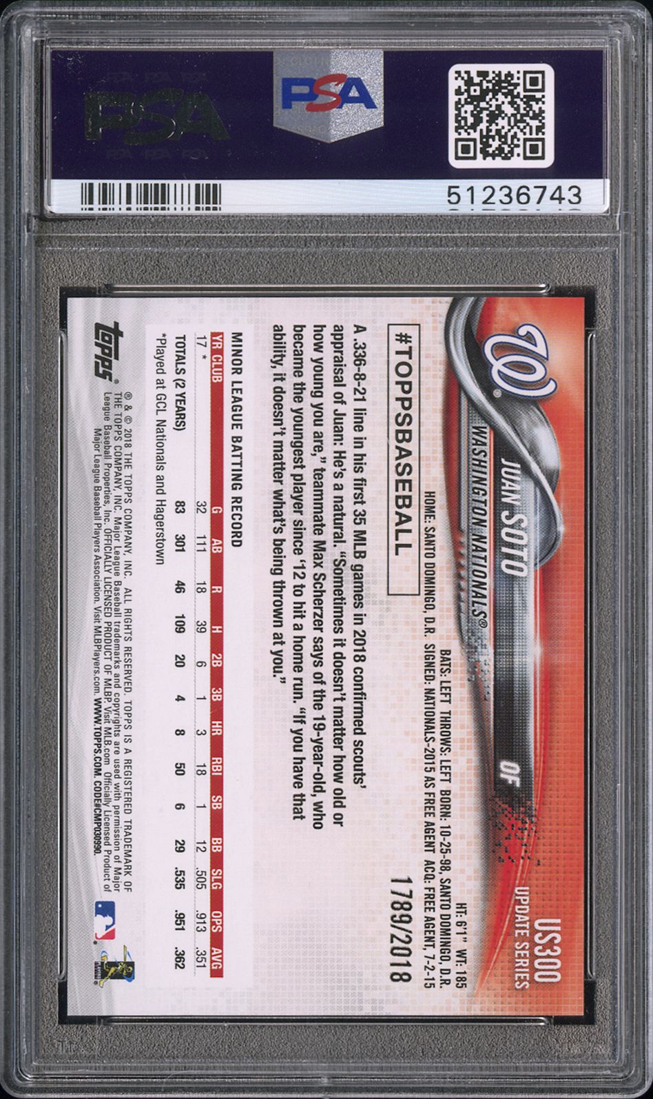 2018 Topps Update US300 Juan Soto Gold PSA 9