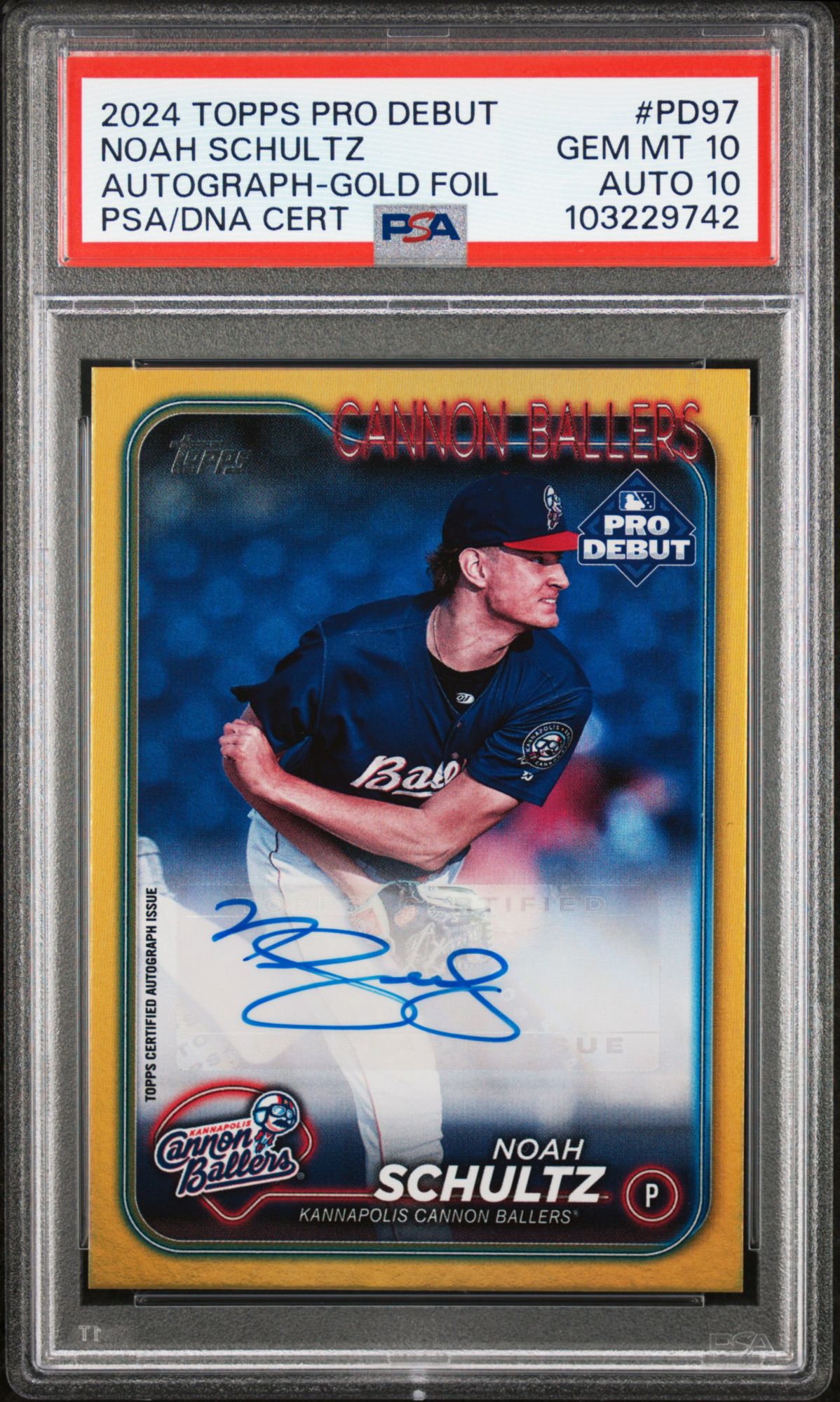 2024 Topps Pro Debut PD97 Noah Schultz Autograph-Gold Foil PSA 10