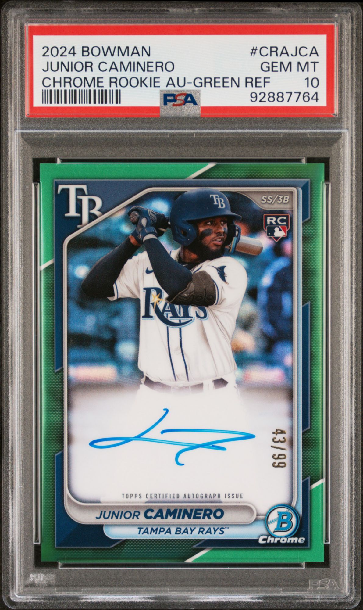 2024 Bowman Chrome Rookie Autographs Crajca Junior Caminero Green Refractor PSA 10