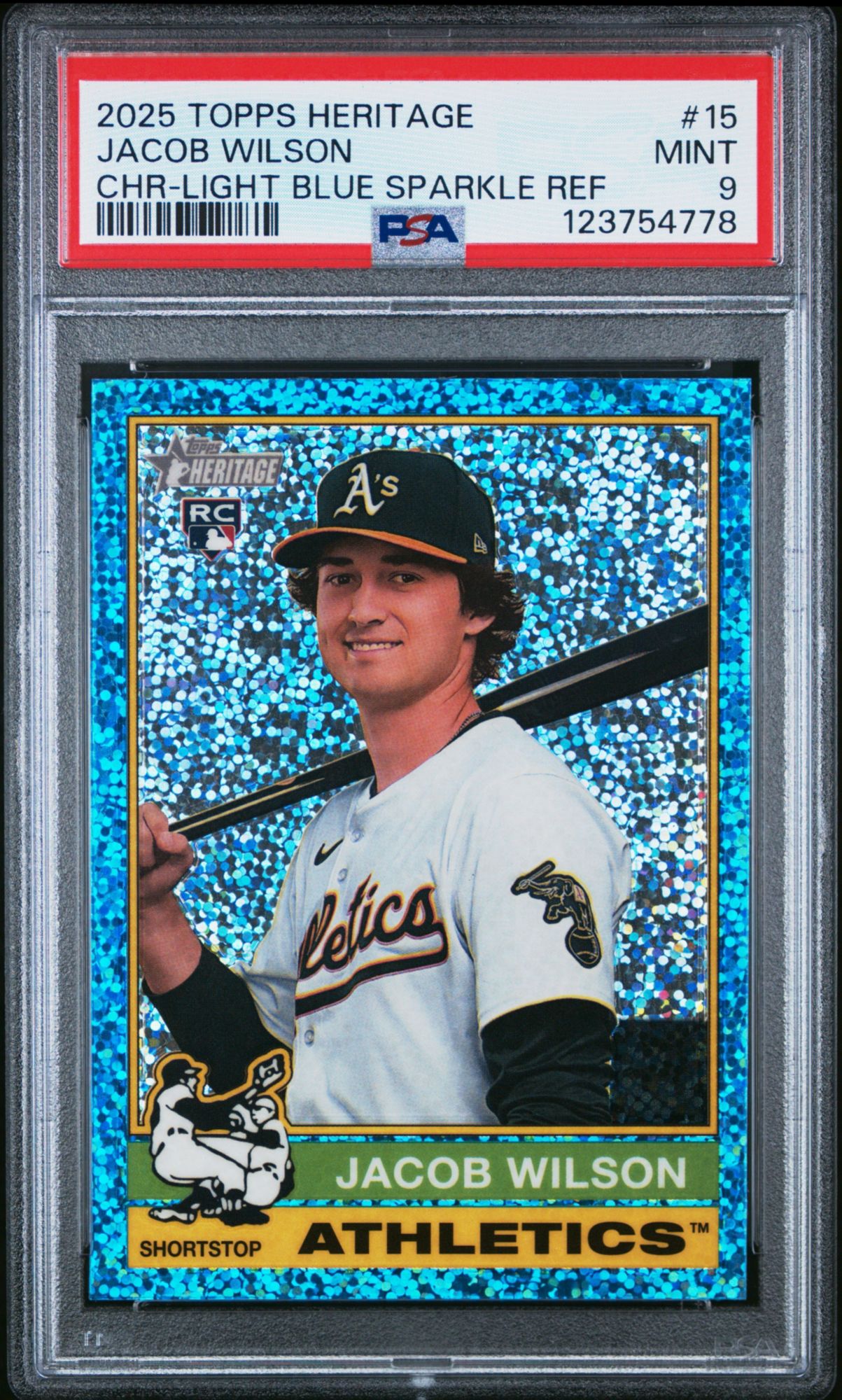 2025 Topps Heritage 15 Jacob Wilson Chrome-Light Blue Sparkle Refractor PSA 9