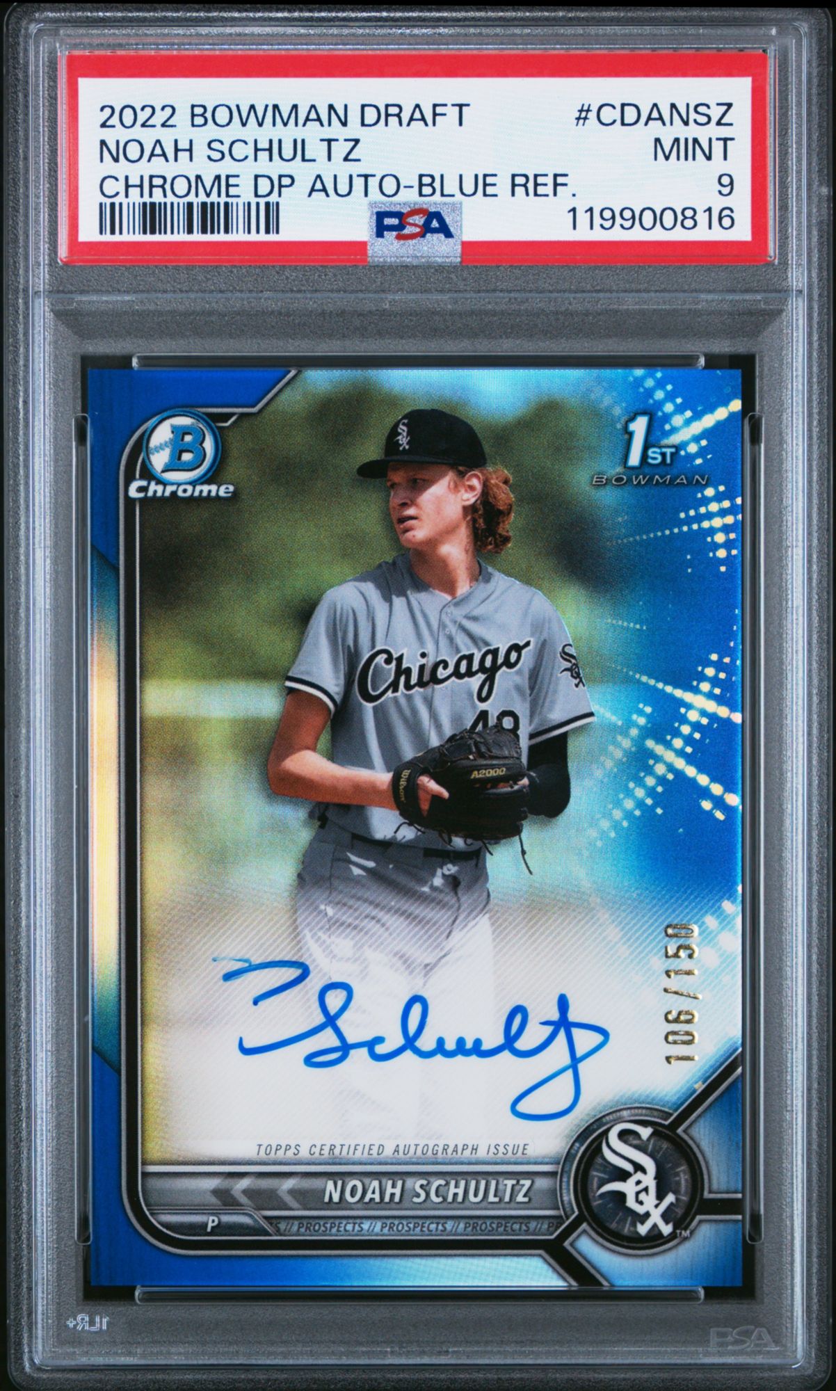 2022 Bowman Draft Chrome Draft Pick Autographs CDANSZ Noah Schultz Blue Refractor PSA 9