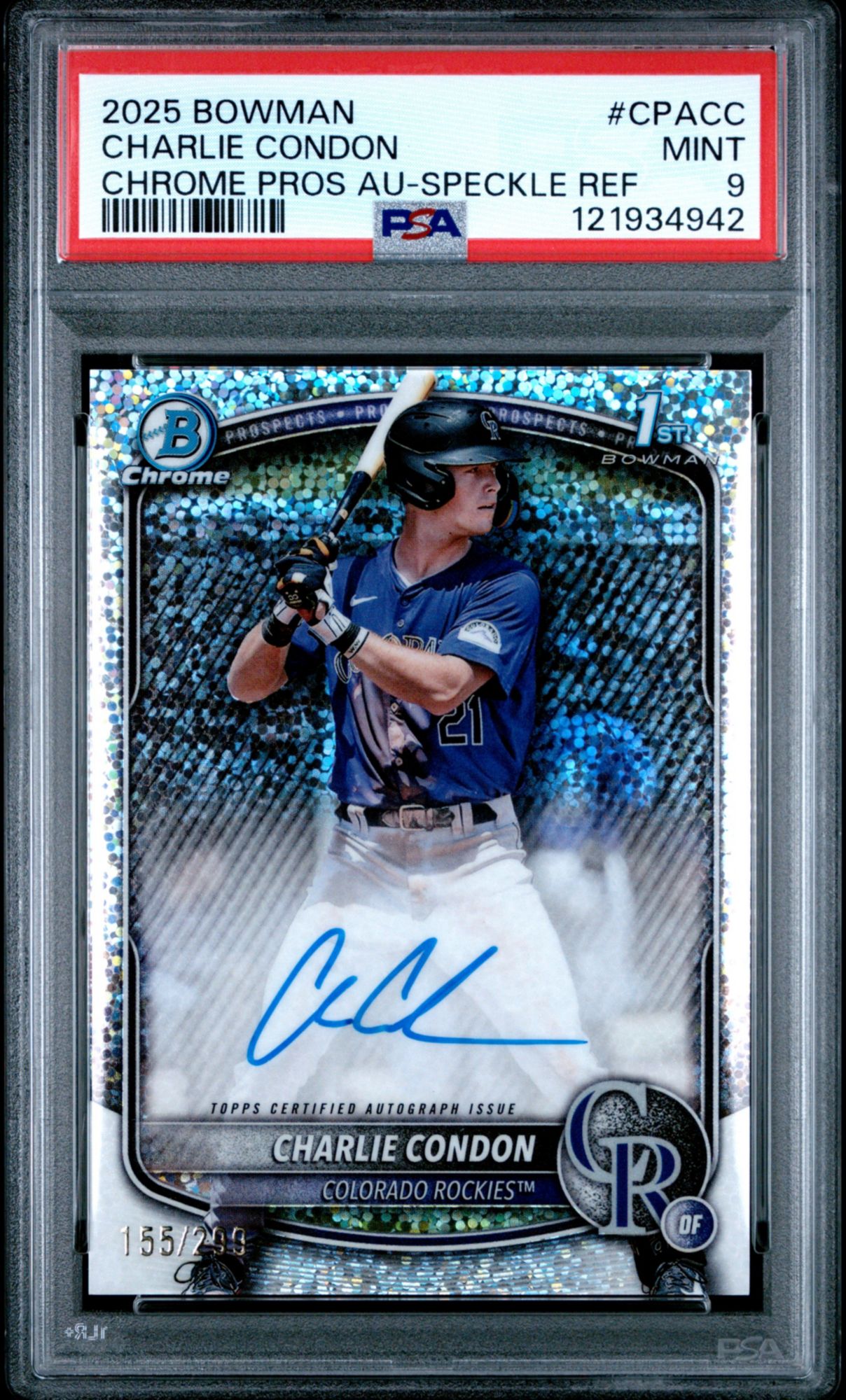 2025 Bowman Chrome Prospect Autographs CPACC Charlie Condon Speckle Refractor PSA 9