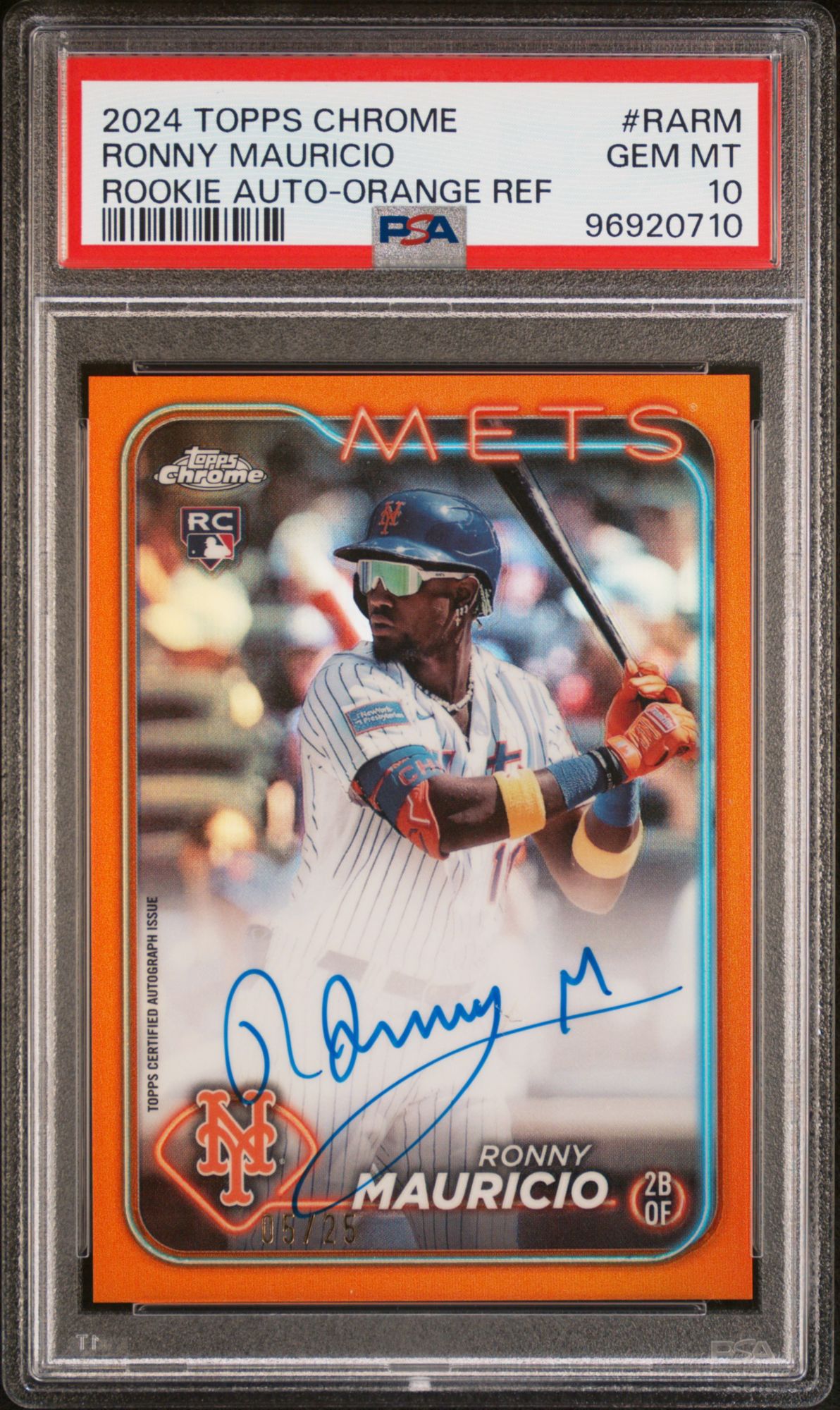 2024 Topps Chrome Rookie Autographs Rarm Ronny Mauricio Orange Refractor PSA 10