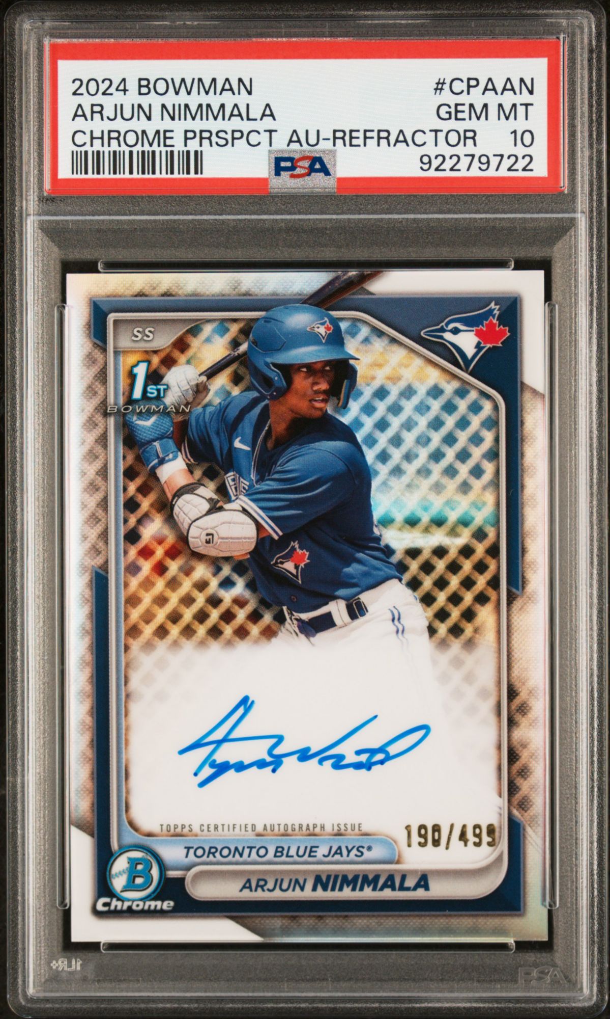 2024 Bowman Chrome Prospect Autographs CPAAN Arjun Nimmala Refractor PSA 10