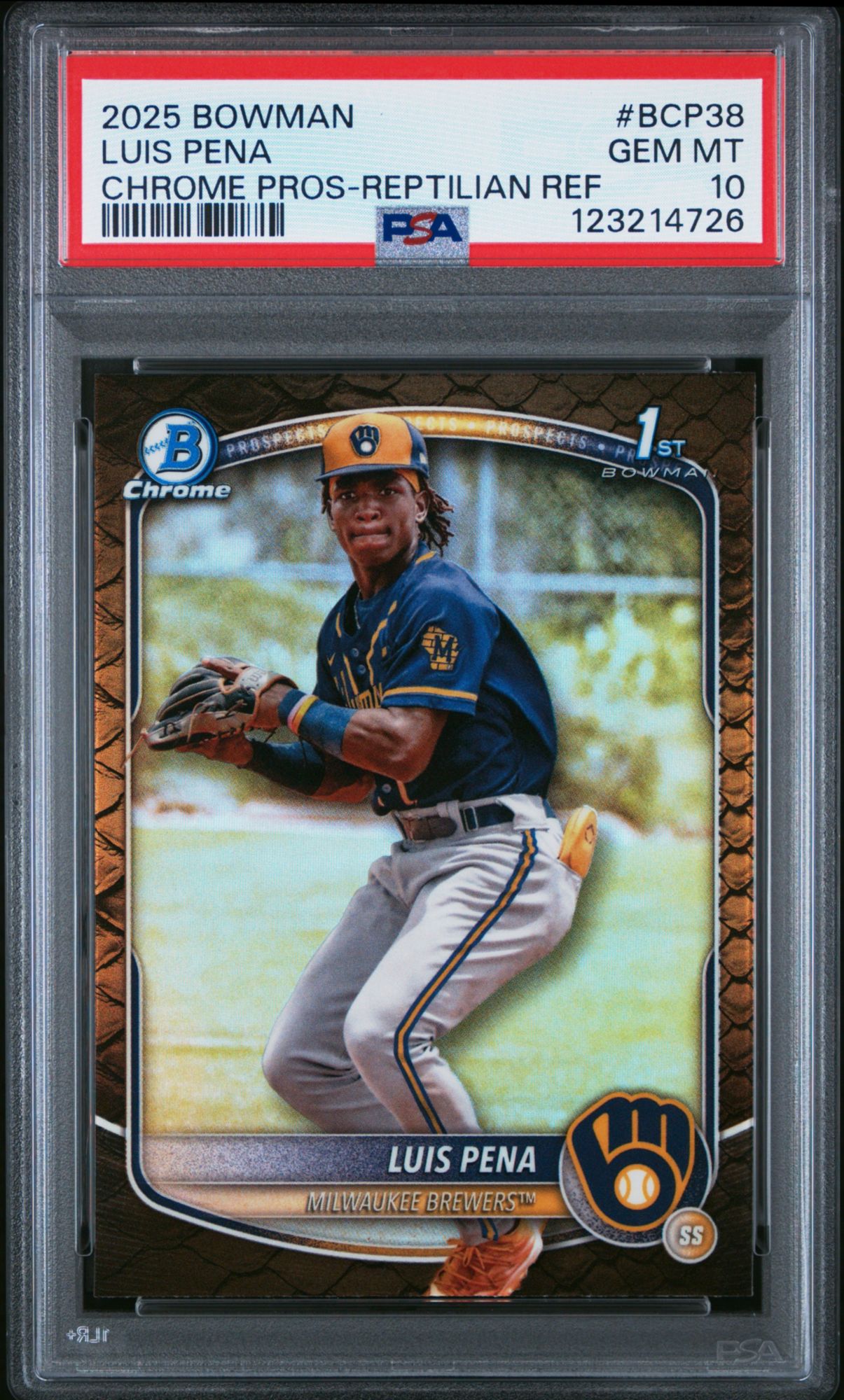 2025 Bowman Chrome Prospects BCP38 Luis Pena Reptilian Refractor PSA 10